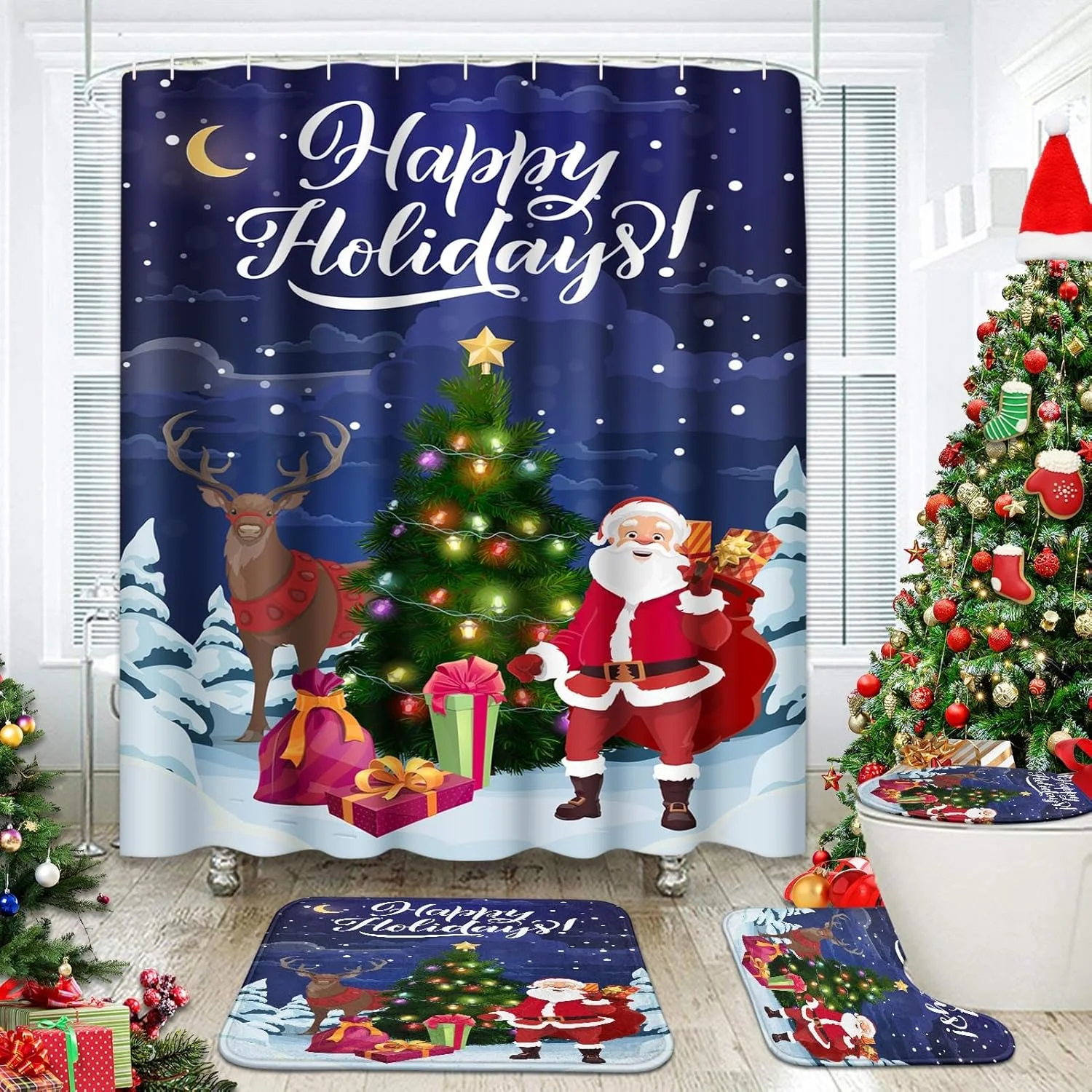 ست های حمام ArtSocket کریسمس مبارک با پرده حمام و فرش و لوازم جانبی، ست های پرده حمام بابانوئل، پرده حمام آبی طرح درخت کریسمس و گوزن برای حمام، دکور حمام زمستانی 4 تکه