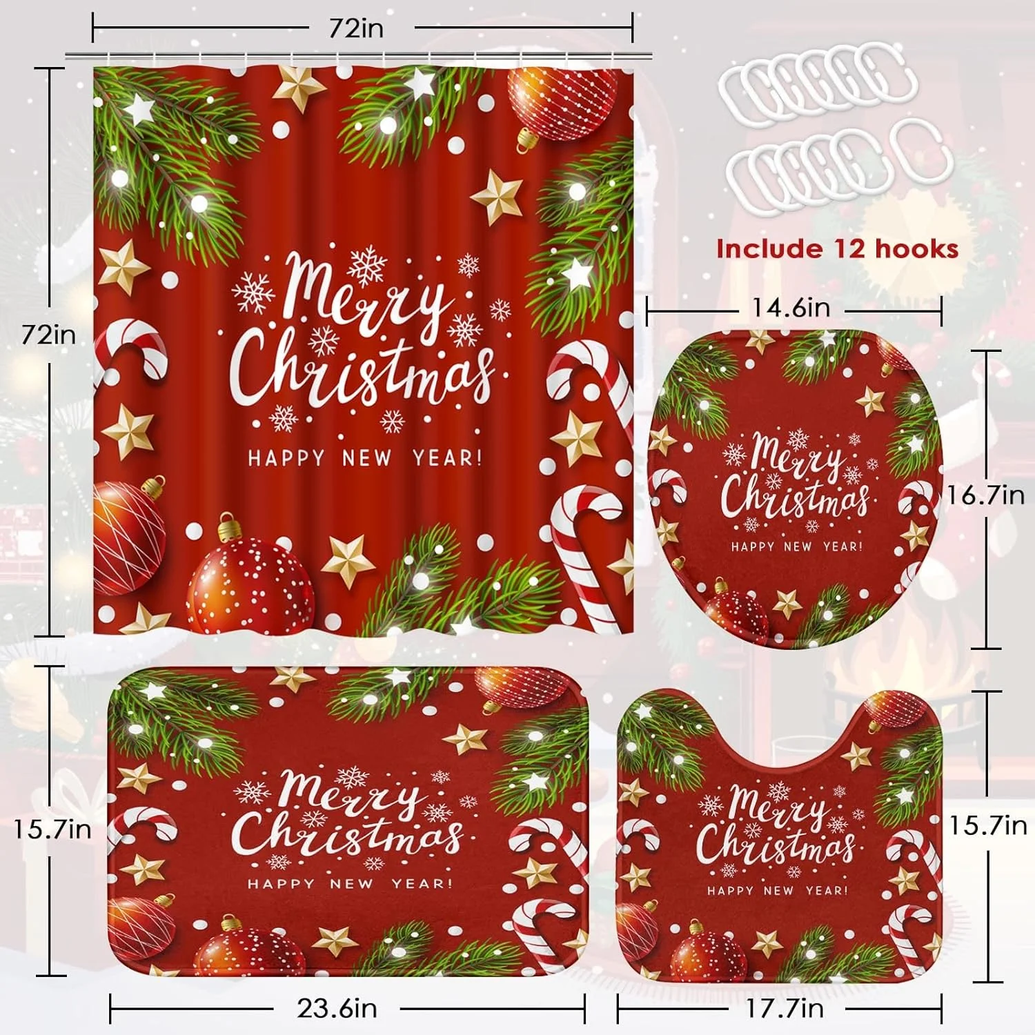 ست لوازم حمام آرت‌ساکت طرح کریسمس شاد شامل پرده حمام، پادری و متعلقات، ست پرده حمام طرح آب‌نبات عصایی و توپ کریسمس، پرده حمام طرح دانه‌های برف برای حمام، دکور زمستانی حمام 4 تکه