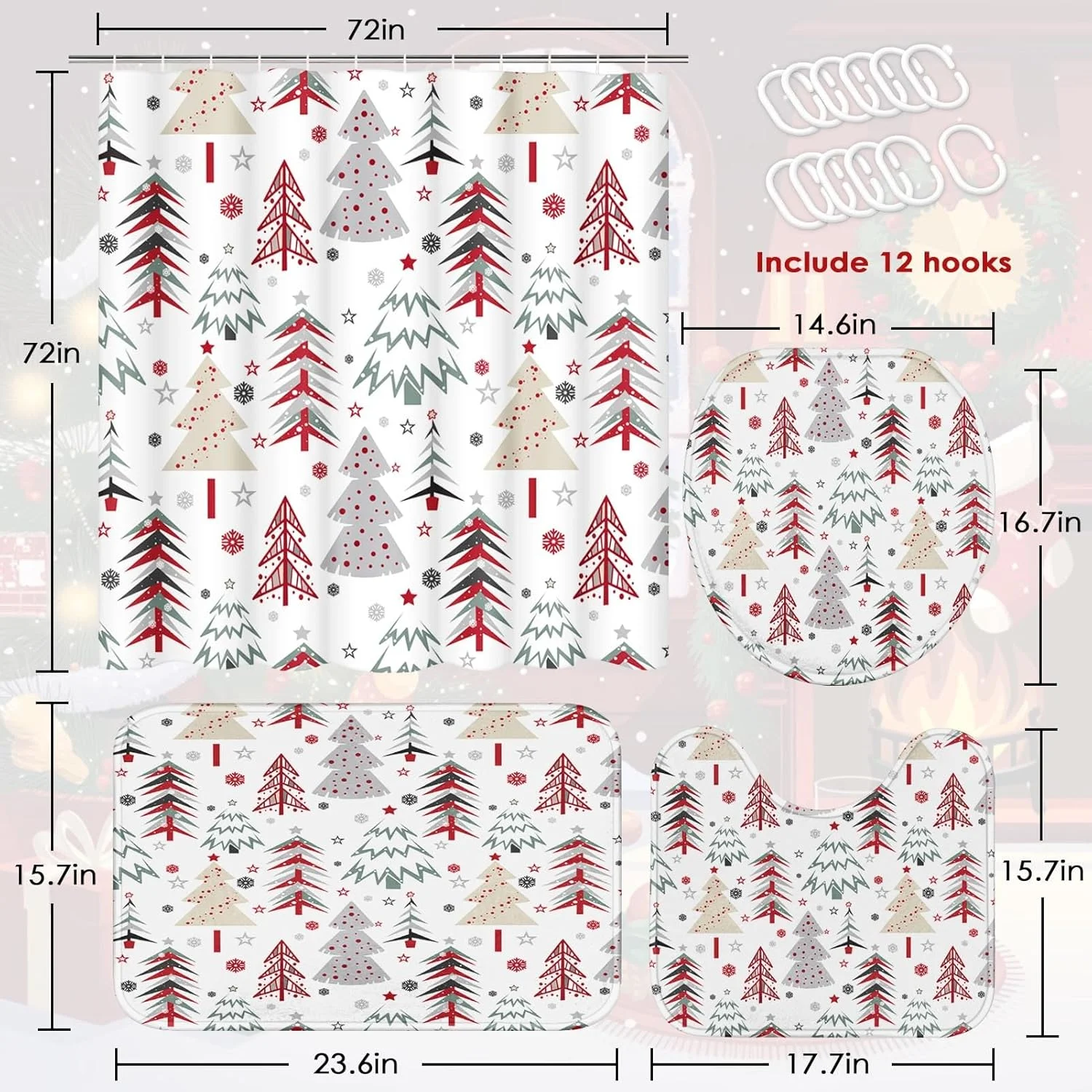 ست پرده حمام و فرش و لوازم جانبی طرح درخت کریسمس آرت‌ساکت، ست پرده حمام طرح جنگل کریسمس، پرده حمام کریسمس مبارک برای حمام، دکور حمام زمستانی 4 تکه