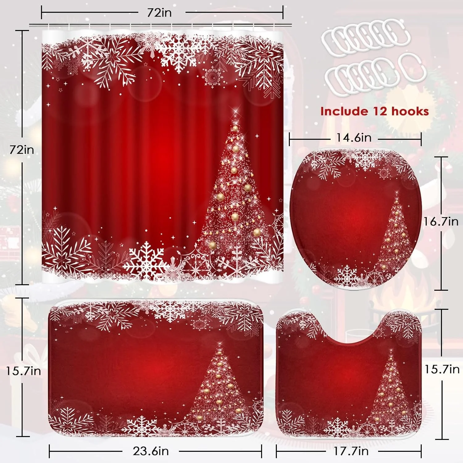 ست های حمام کریسمس مبارک ArtSocket با پرده حمام، فرش و لوازم جانبی، ست پرده حمام قرمز دانه برف، پرده حمام درخت توپ کریسمس برای حمام، دکور حمام زمستانی 4 تکه