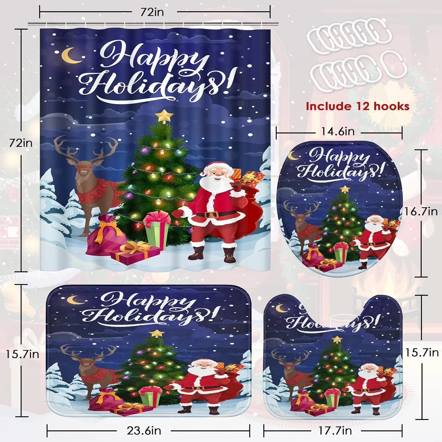 ست های حمام ArtSocket کریسمس مبارک با پرده حمام و فرش و لوازم جانبی، ست های پرده حمام بابانوئل، پرده حمام آبی طرح درخت کریسمس و گوزن برای حمام، دکور حمام زمستانی 4 تکه