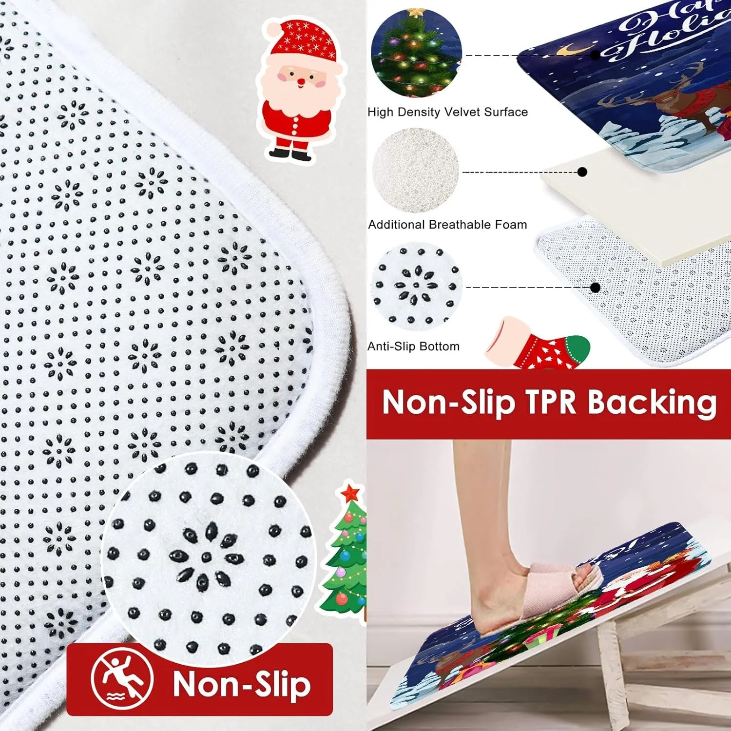 ست های حمام ArtSocket کریسمس مبارک با پرده حمام و فرش و لوازم جانبی، ست های پرده حمام بابانوئل، پرده حمام آبی طرح درخت کریسمس و گوزن برای حمام، دکور حمام زمستانی 4 تکه