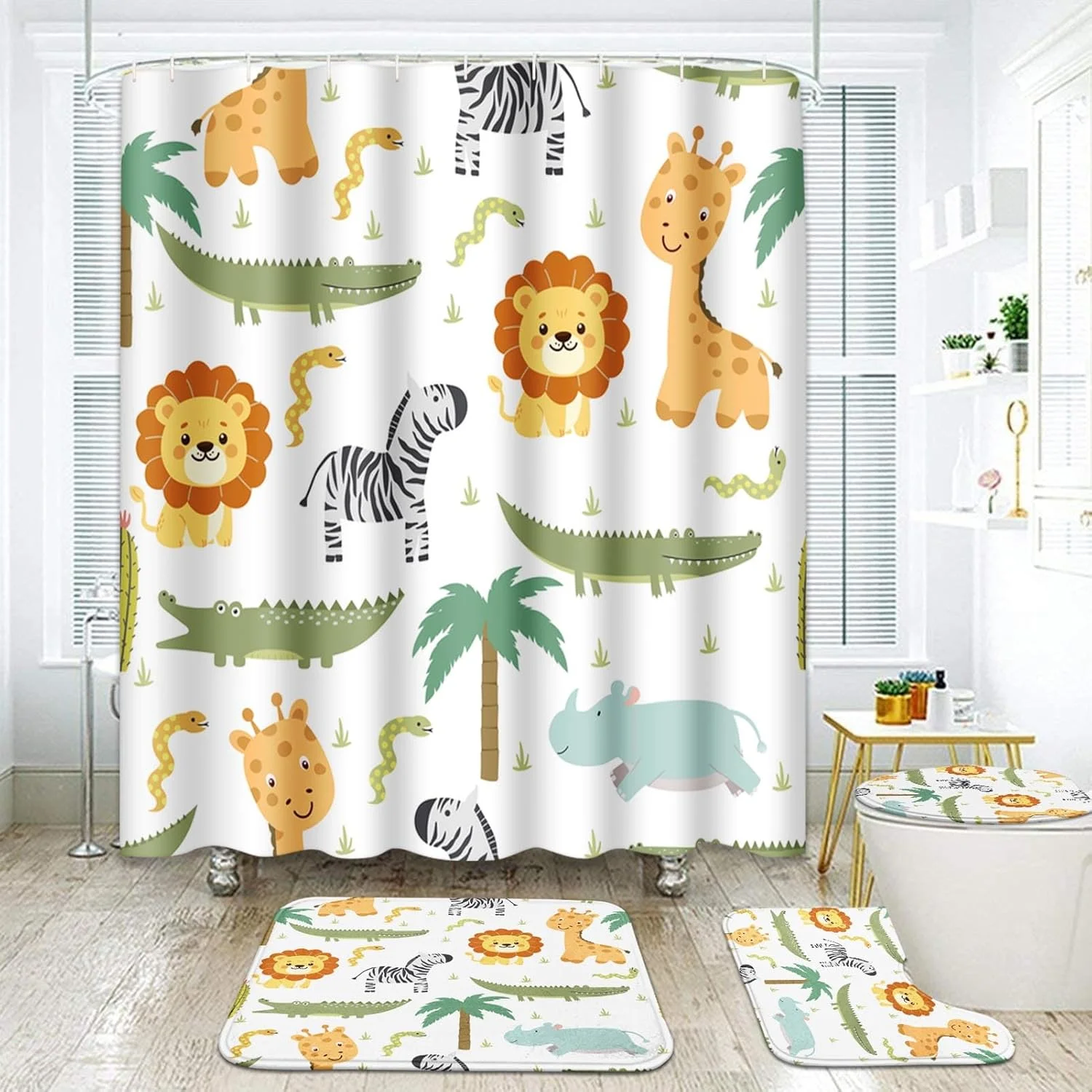 ست لوازم حمام آرت‌ساکت با طرح اسب آبی و کروکودیل، شامل پرده حمام و فرش، طرح شیر، فیل و زرافه، دکور حمام کودکانه و رنگارنگ، 4 تکه