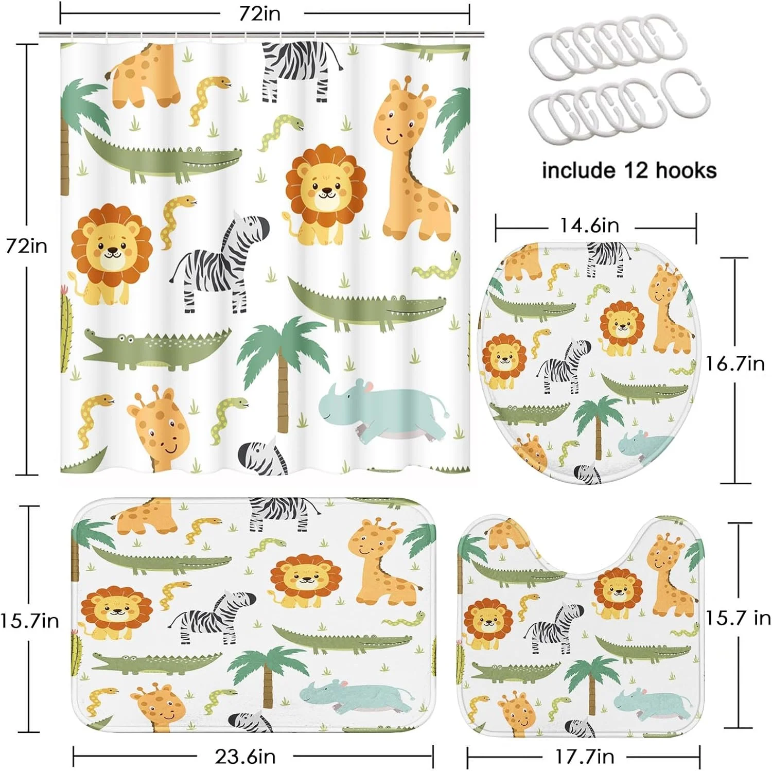 ست لوازم حمام آرت‌ساکت با طرح اسب آبی و کروکودیل، شامل پرده حمام و فرش، طرح شیر، فیل و زرافه، دکور حمام کودکانه و رنگارنگ، 4 تکه