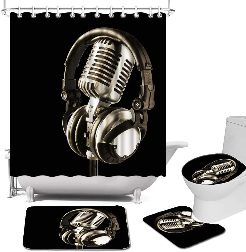 ست پرده حمام 4 تکه با فرش، پرده حمام طرح آلات موسیقی و میکروفون، ست های حمام موسیقی سیاه و سفید