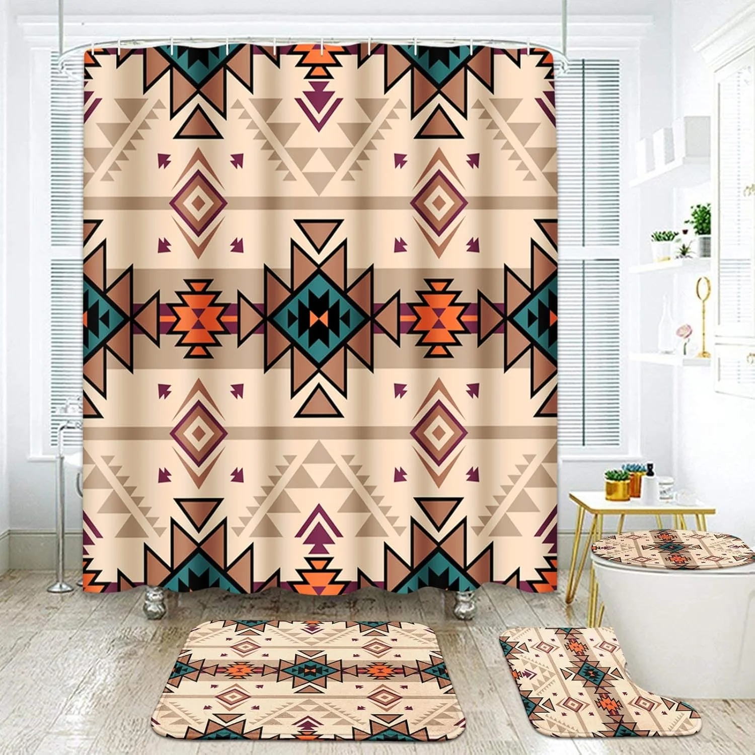 ست پرده حمام و فرش دستشویی آرت‌ساکت با طرح بوهمی آفریقایی، طرح لوزی سنتی تابستانی رنگارنگ و انتزاعی، 4 تکه