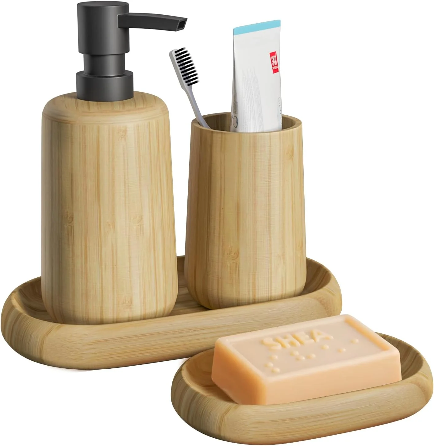 ست لوازم جانبی حمام بامبو رترو Asashizen، 4 تکه - جا صابونی، جا مایع صابون، سینی، لیوان دهانشویه برای ست لوازم جانبی حمام هتل اداری خانگی