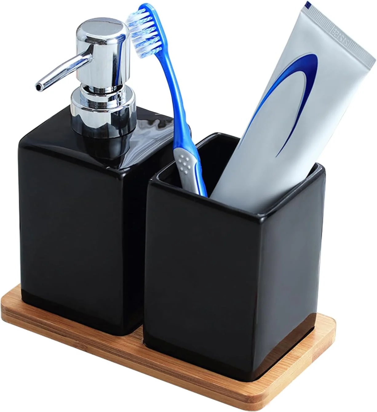 ست لوازم جانبی سرامیکی حمام AstraLoom - ست جا مایع صابون و جا مسواکی 3 در 1 به همراه سینی برای سینک، وان حمام، روشویی (مشکی)