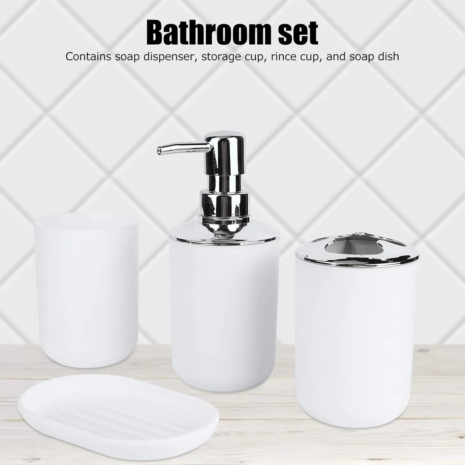 ست لوازم جانبی حمام Asixxsix، شامل جا مایع صابون پلاستیکی، جا مسواکی، جا صابونی و لیوان دهانشویه (سفید)