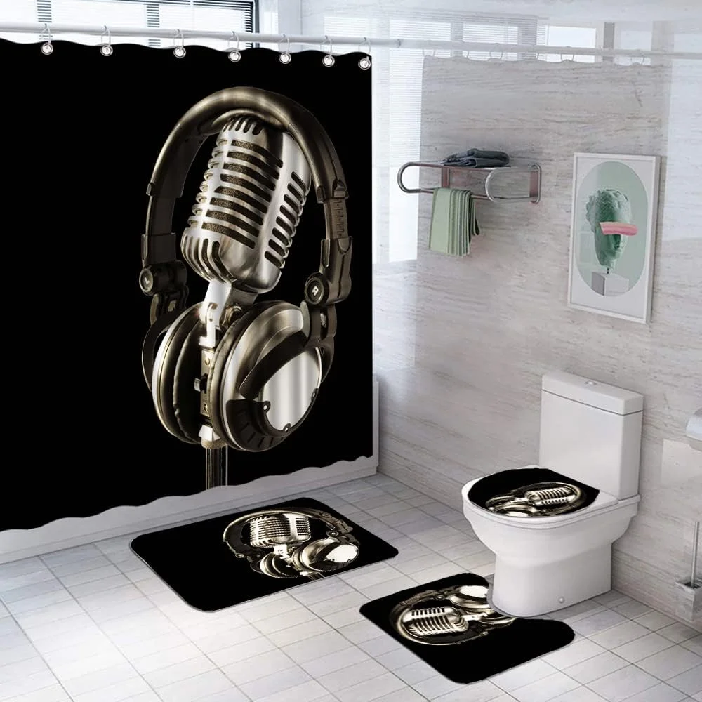 ست پرده حمام 4 تکه با فرش، پرده حمام طرح آلات موسیقی و میکروفون، ست های حمام موسیقی سیاه و سفید