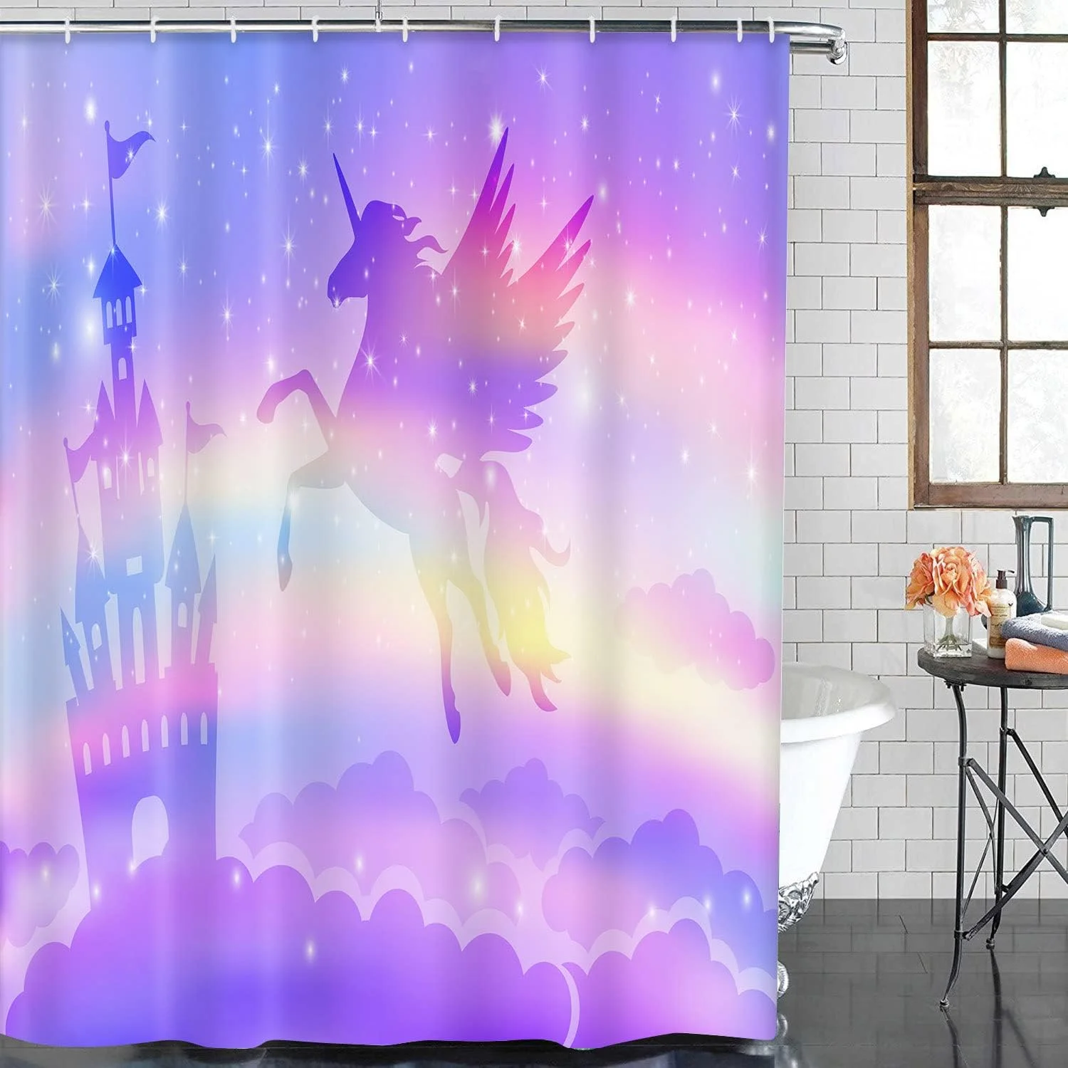 ست پرده حمام و فرش دستشویی طرح قلعه رنگین کمانی تکشاخ آرت‌ساکت، پرده حمام اسب پرنده پرنسس دخترانه برای حمام، دکوراسیون حمام فانتزی صورتی 4 تکه