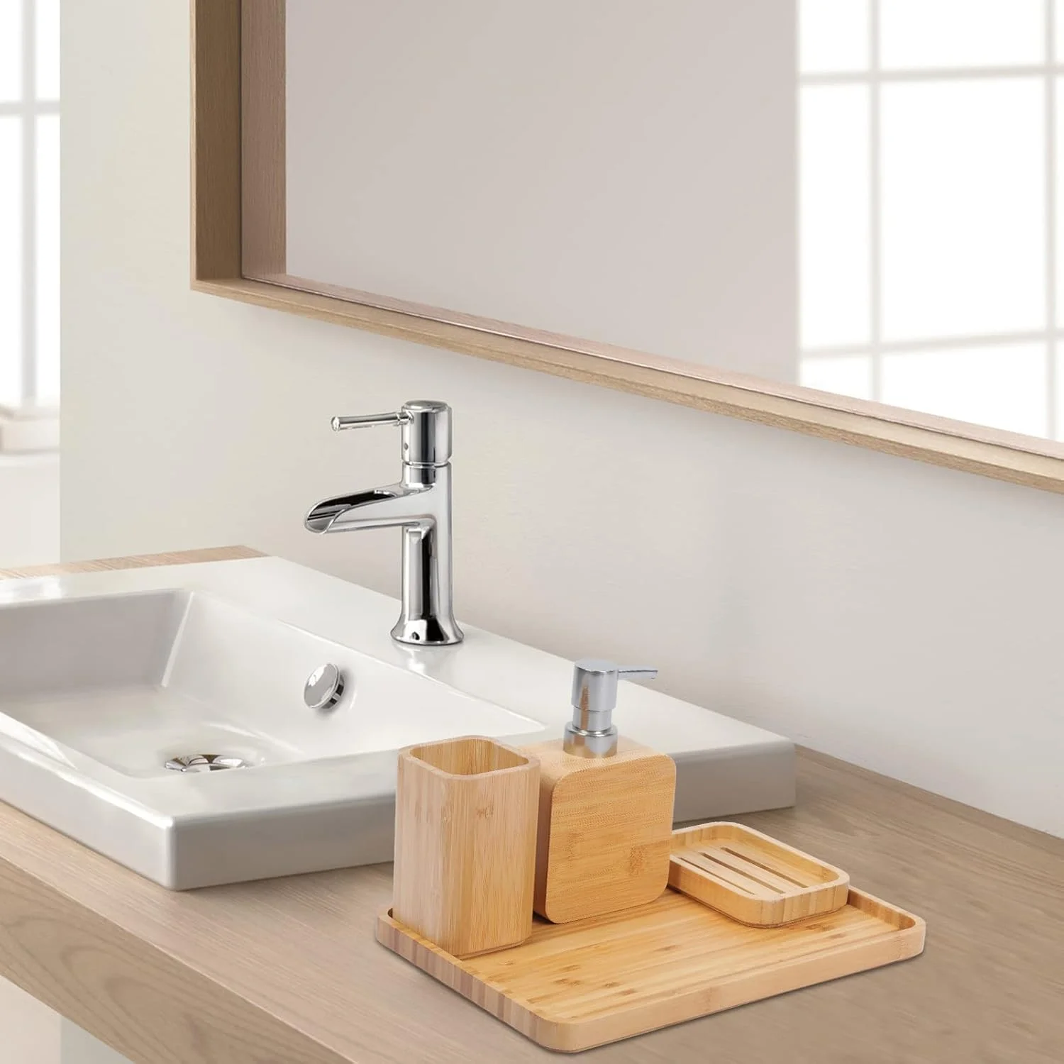 ست لوازم جانبی حمام بامبو دست ساز Asashizen، ست حمام رترو، طبیعی، جا صابونی برای دوش، پخش کننده صابون لوسیون، فنجان دهان شویه، فنجان شستشو، سینی سازمان دهنده برای هتل، خانه، دفتر