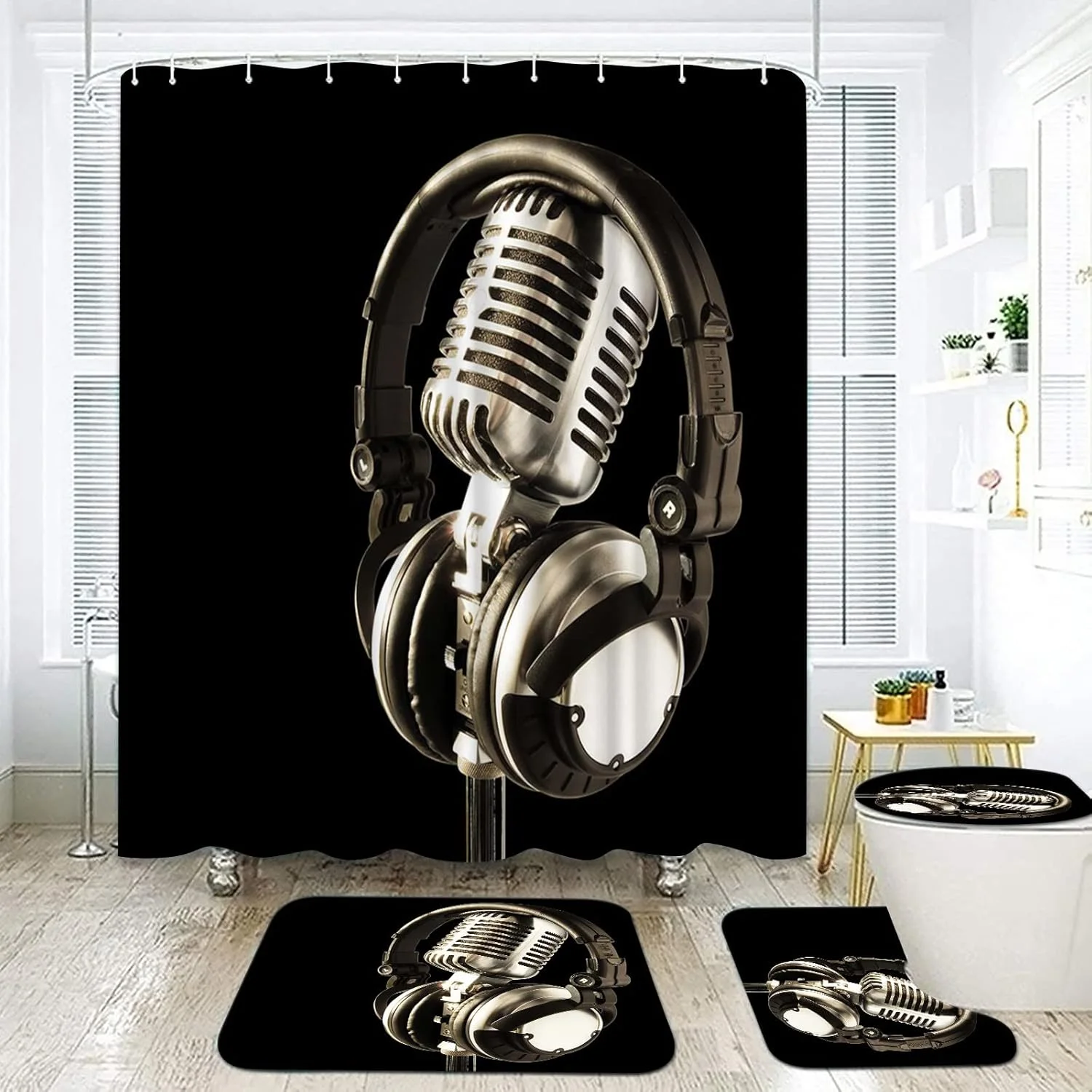 ست پرده حمام 4 تکه با فرش، پرده حمام طرح آلات موسیقی و میکروفون، ست های حمام موسیقی سیاه و سفید