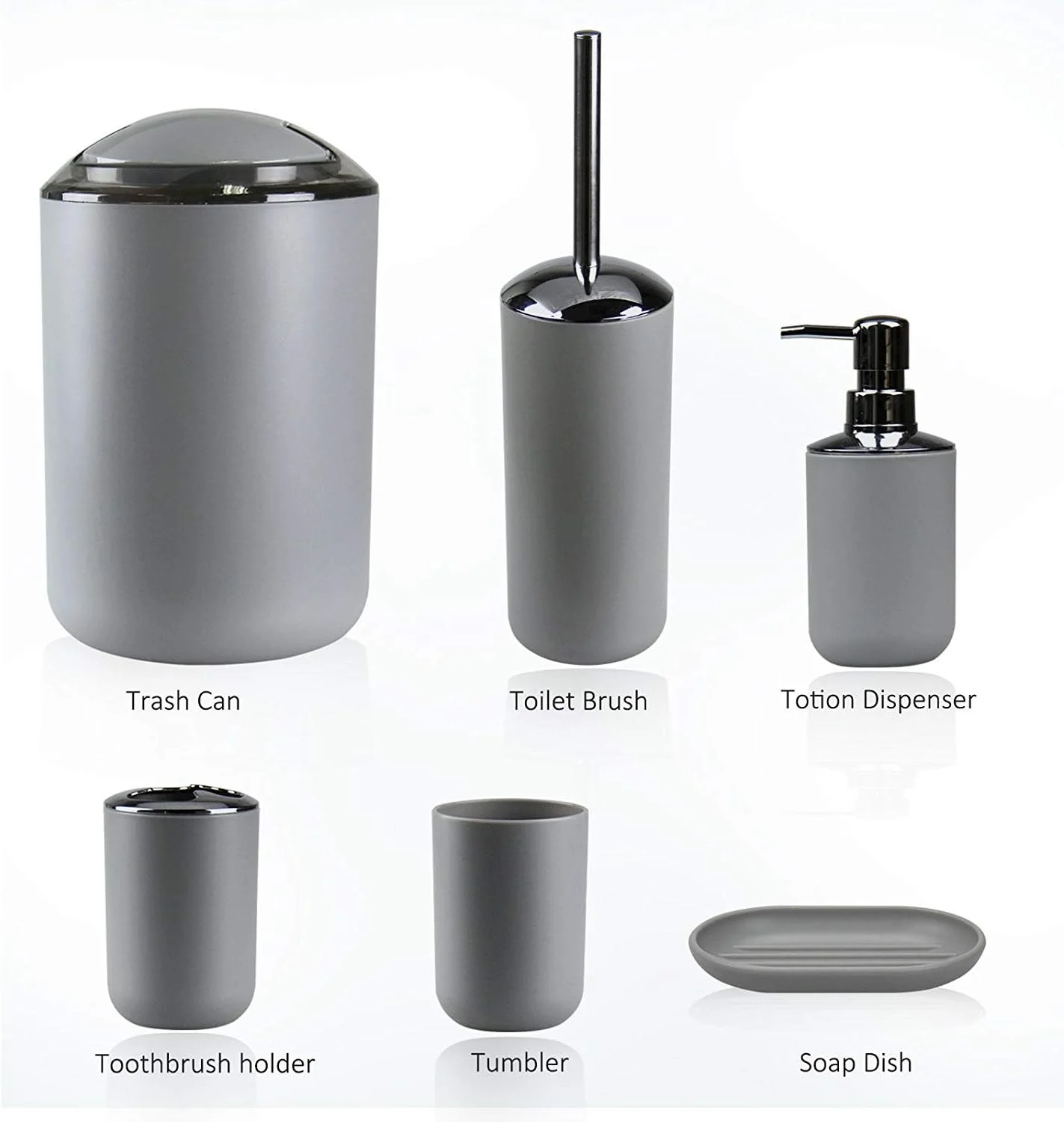 ست لوازم جانبی حمام ATB Life، ست هدیه پلاستیکی 6 تکه شامل جا مسواکی، لیوان مسواک، جا مایع صابون، جا صابونی، جا برس توالت، سطل زباله، ست نی لیوان (خاکستری)