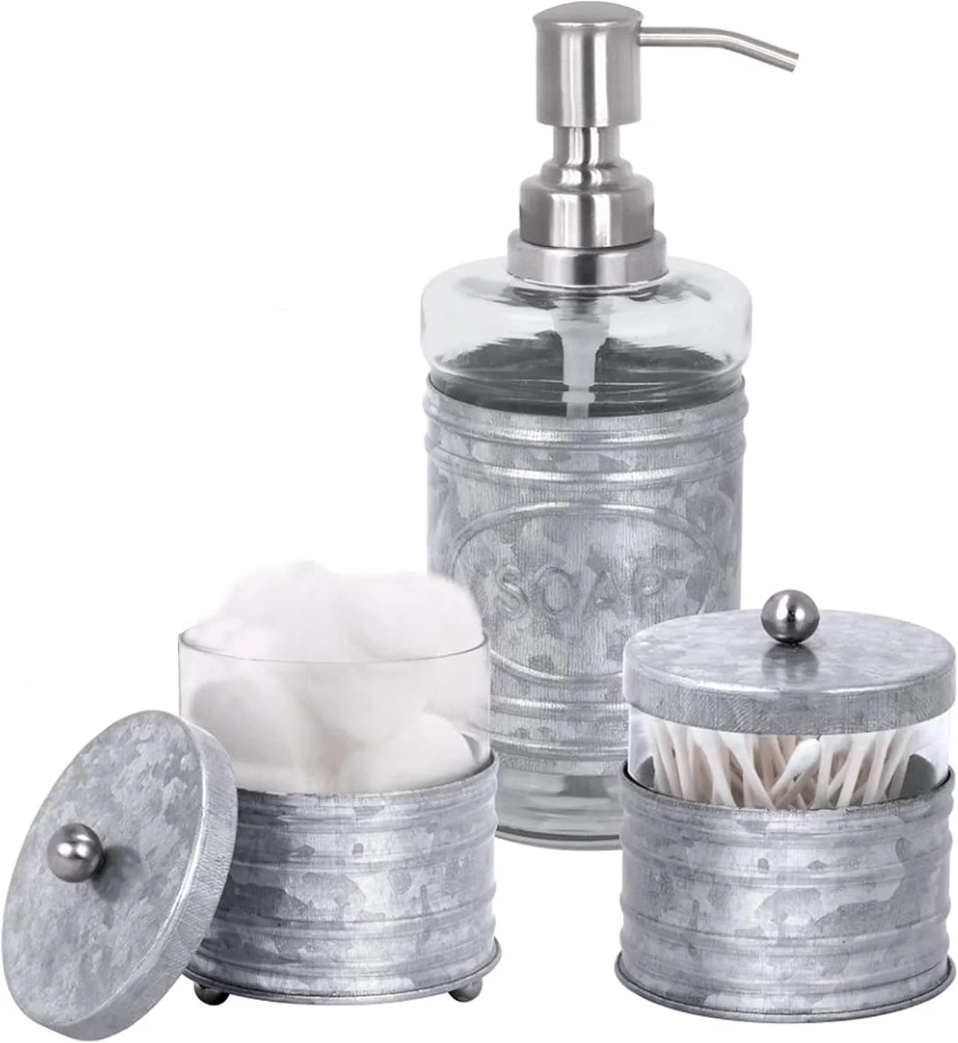 ست لوازم جانبی حمام 3 تکه Autumn Alley، مناسب برای سینک/روشویی، شامل جا مایع دستشویی گالوانیزه، ظرف پنبه توپی درب دار، و جا گوش پاک کن - دکور حمام گالوانیزه