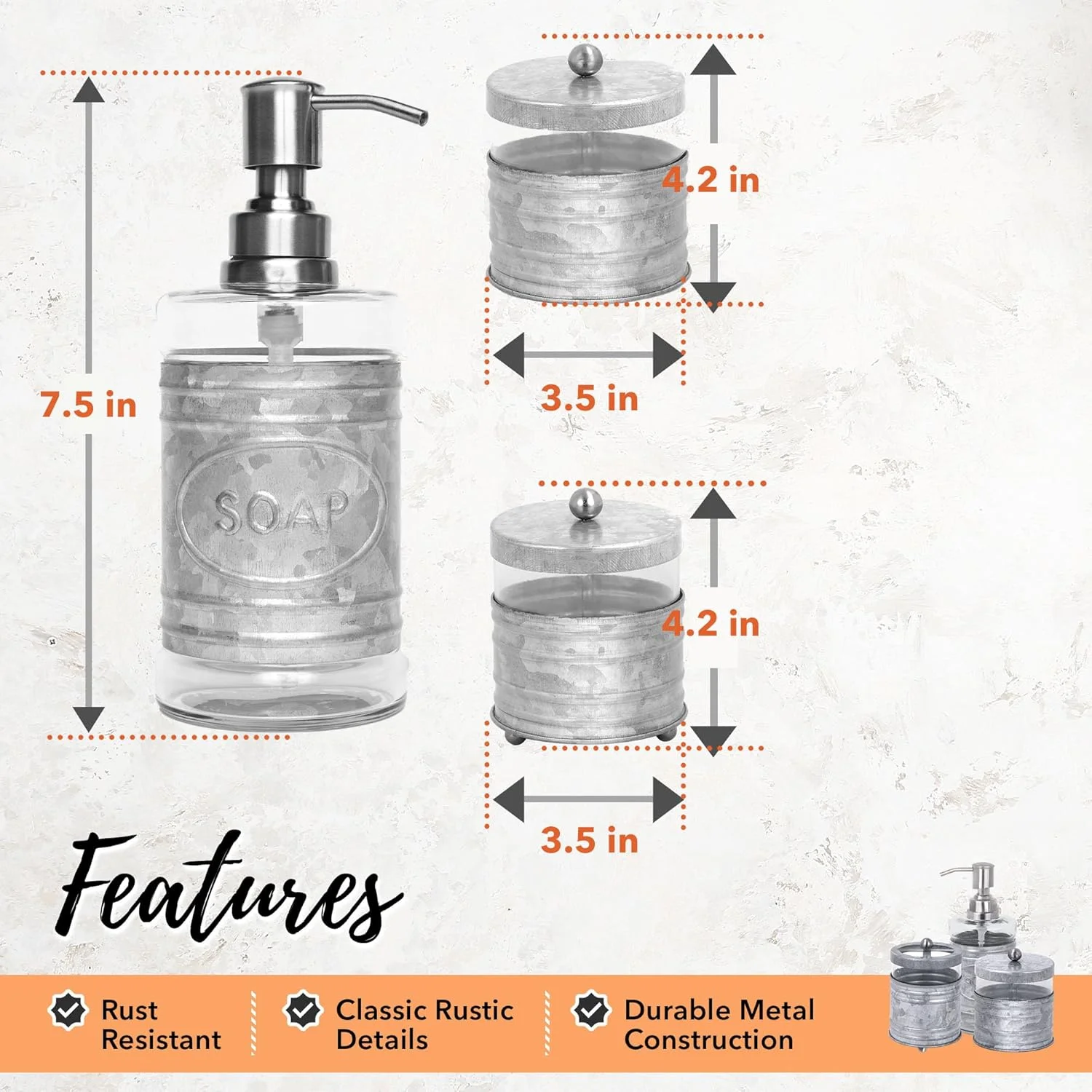 ست لوازم جانبی حمام 3 تکه Autumn Alley، مناسب برای سینک/روشویی، شامل جا مایع دستشویی گالوانیزه، ظرف پنبه توپی درب دار، و جا گوش پاک کن - دکور حمام گالوانیزه