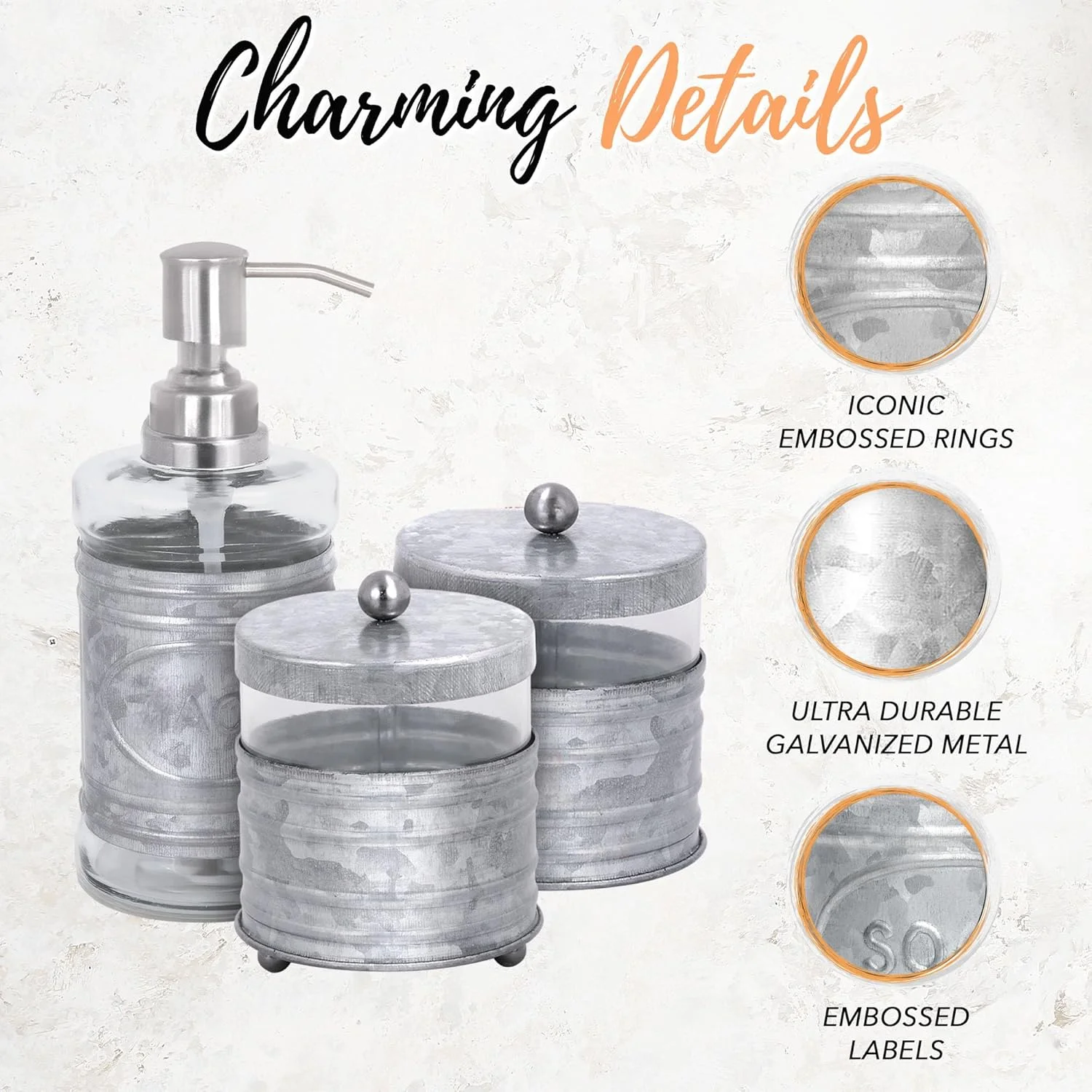 ست لوازم جانبی حمام 3 تکه Autumn Alley، مناسب برای سینک/روشویی، شامل جا مایع دستشویی گالوانیزه، ظرف پنبه توپی درب دار، و جا گوش پاک کن - دکور حمام گالوانیزه