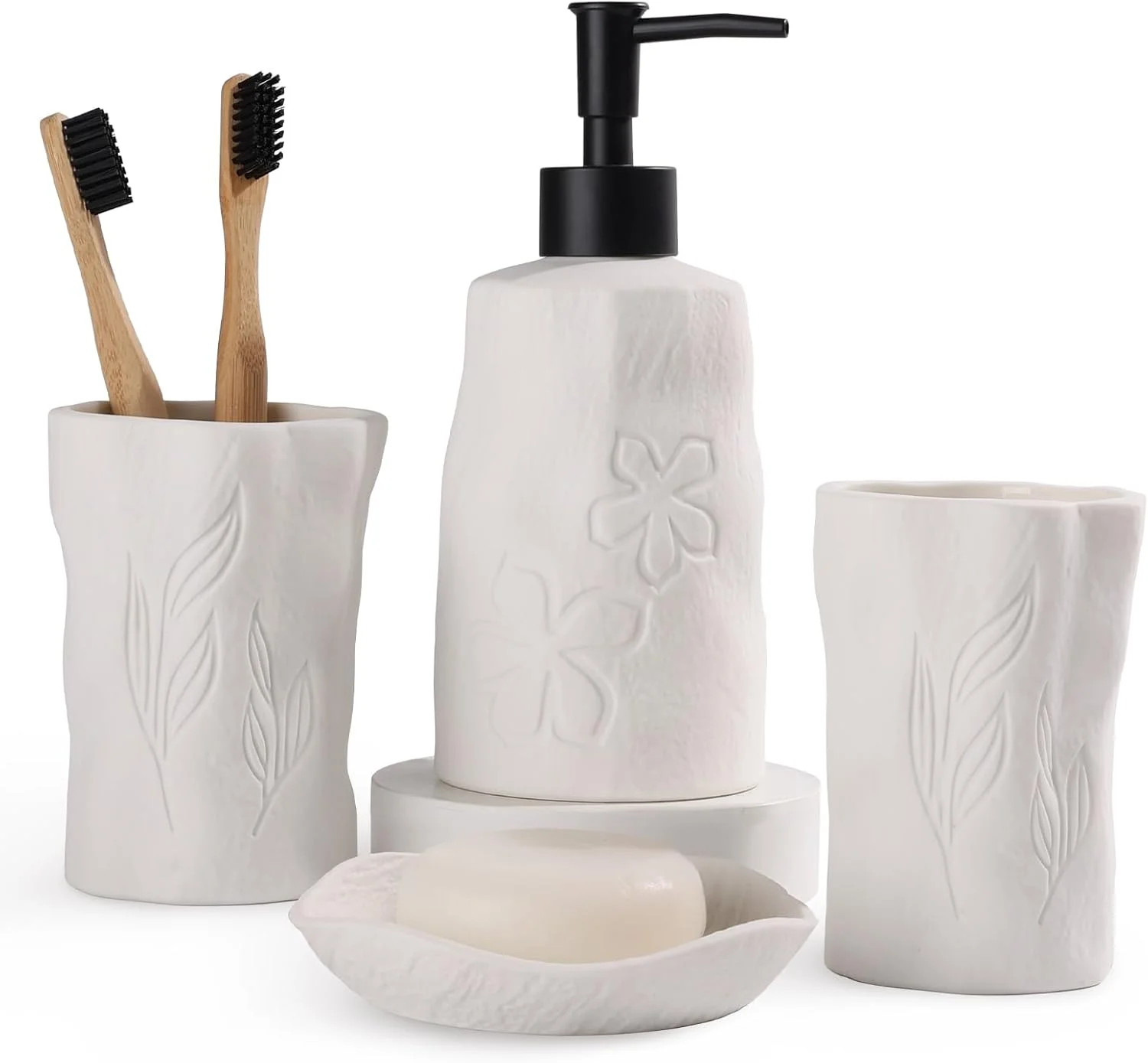 ست لوازم جانبی حمام 4 تکه، ست لوازم جانبی حمام سرامیکی شامل جای مایع دستشویی، جای صابون، جا مسواکی، ست حمام مات شیک با جزئیات برجسته، سفید