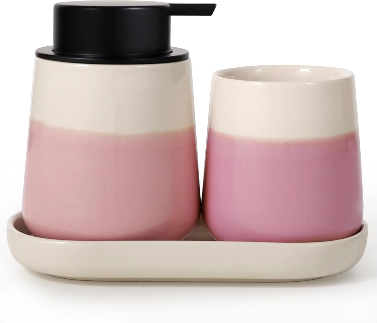 ست لوازم حمام، صورتی، ست 3 تکه لوازم جانبی حمام ساخته شده از سرامیک، لوازم حمام تزئینی، ست جا مایع دستشویی، لیوان مسواک و سینی حمام برای جواهرات، مناسب برای