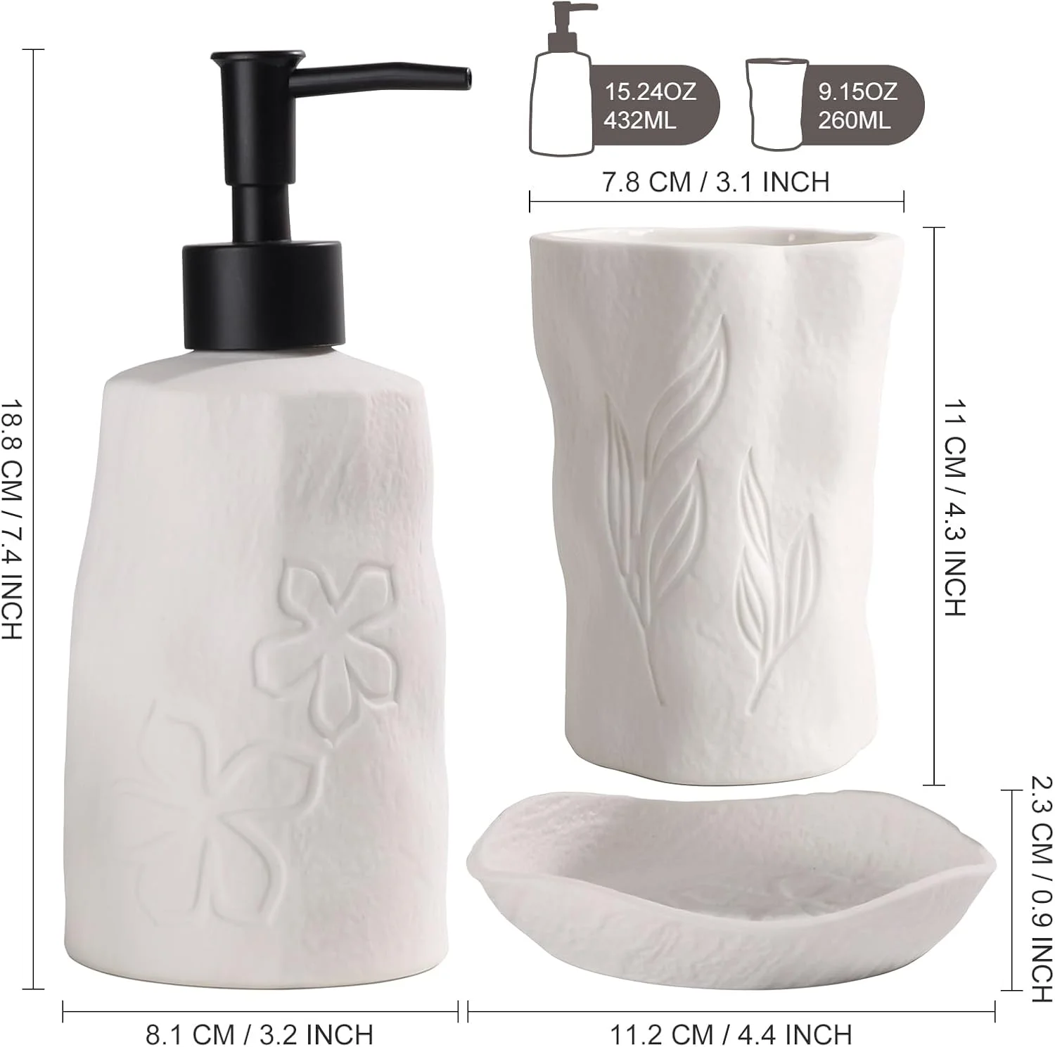 ست لوازم جانبی حمام 4 تکه، ست لوازم جانبی حمام سرامیکی شامل جای مایع دستشویی، جای صابون، جا مسواکی، ست حمام مات شیک با جزئیات برجسته، سفید ست لوازم جانبی حمام 4 تکه، ست لوازم جانبی حمام سرامیکی شامل جای مایع دستشویی، جای صابون، جا مسواکی، ست حمام مات شیک با جزئیات برجسته، سفید