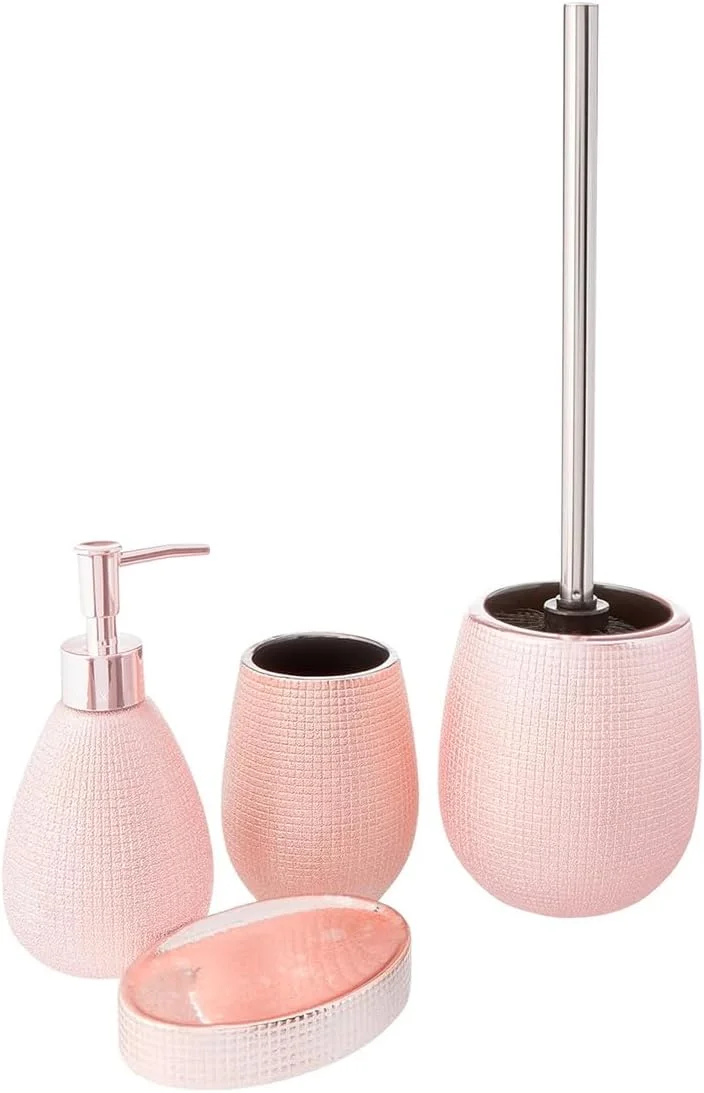 ست لوازم جانبی حمام سرامیکی رز گلد آویلا 4 تکه شامل جا مایع اکلیلی، جا مسواکی، جا صابونی و برس توالت