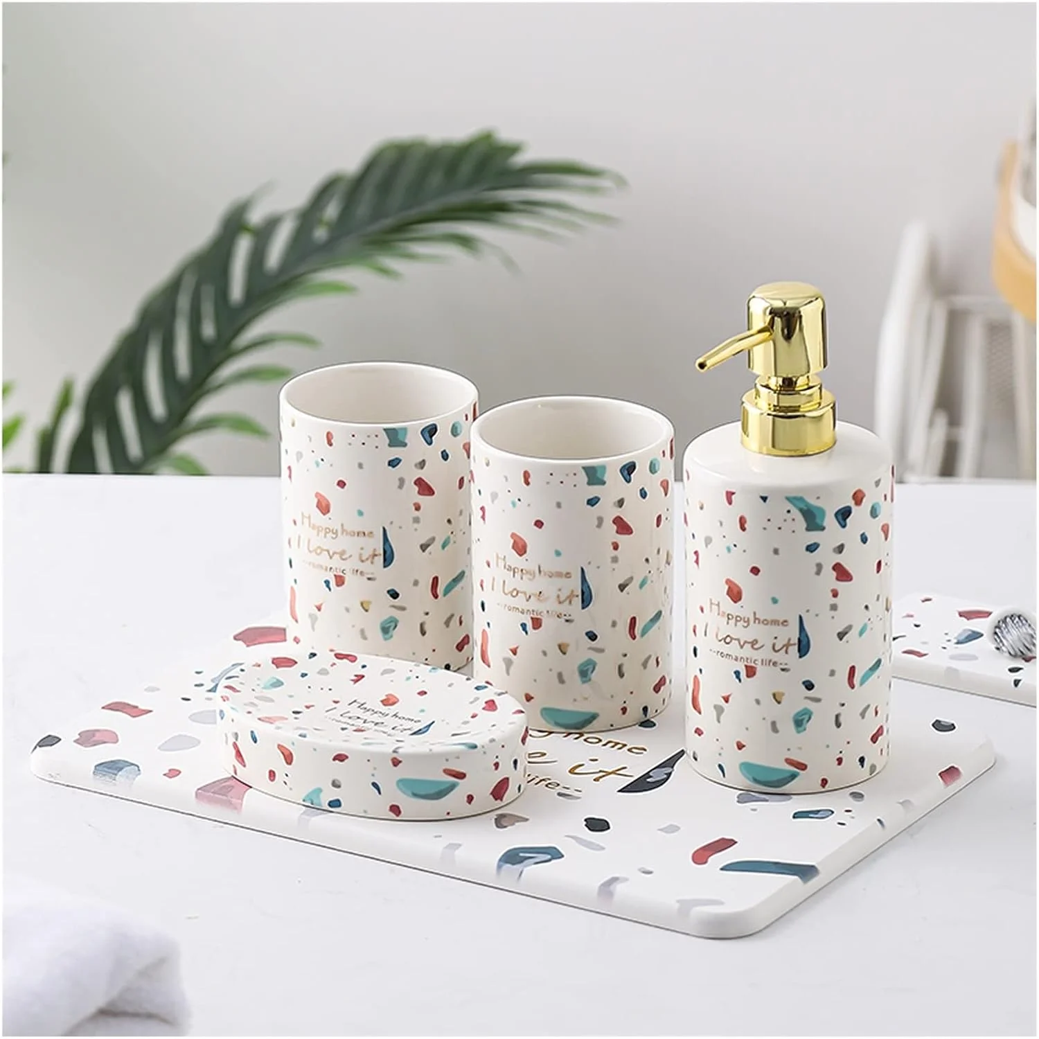 ست لوازم جانبی شیک سرامیکی آولوز برای حمام، ست 5 تکه تزئینی برای روی میز، شامل جا مایع لوسیون، 2 لیوان و جا صابونی، سینی
