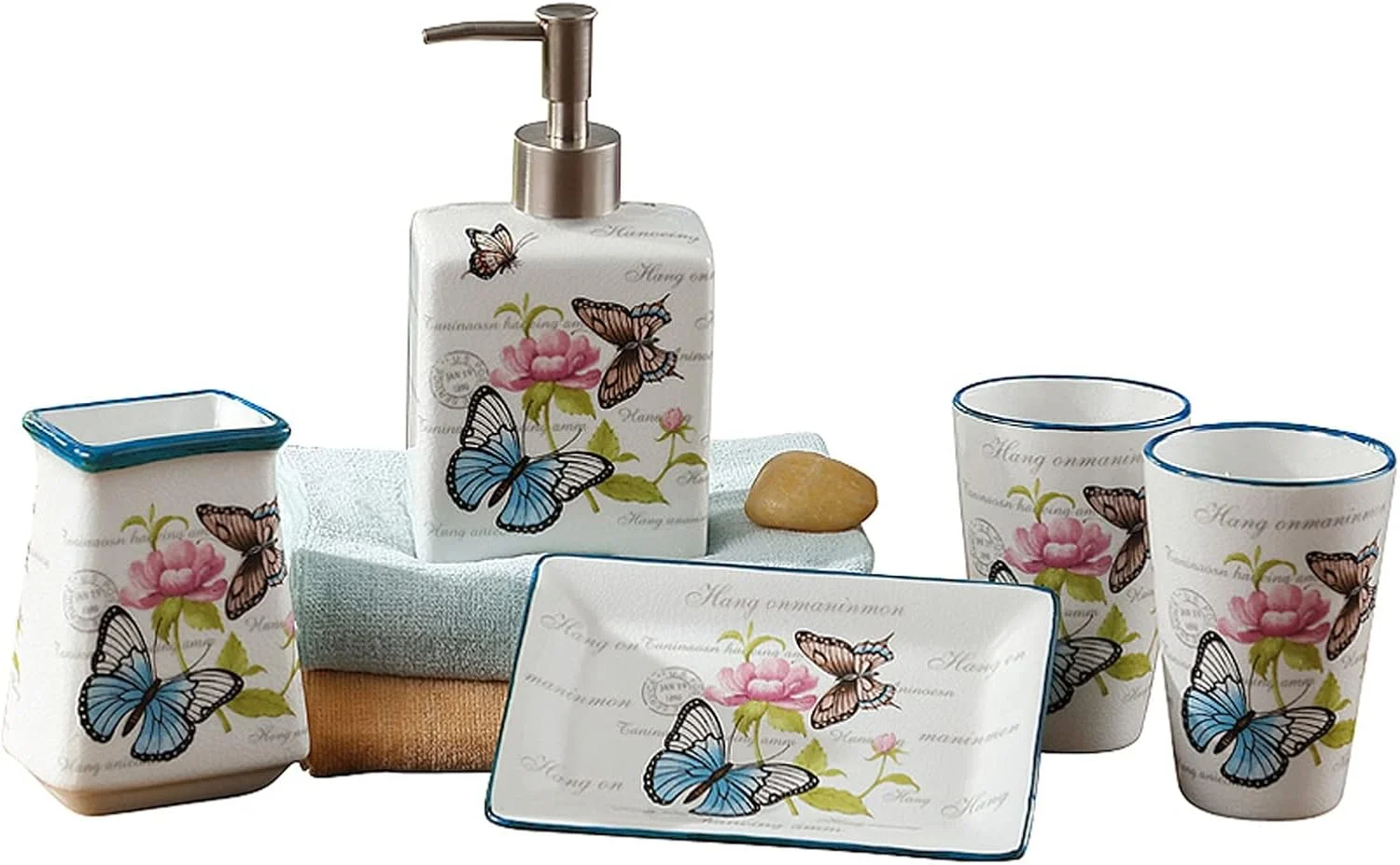 ست لوازم جانبی سرامیکی حمام AVLUZ، ست کامل 5 تکه لوازم حمام، شامل جا مایع لوسیون، جا مسواکی، 2 لیوان، جا صابونی