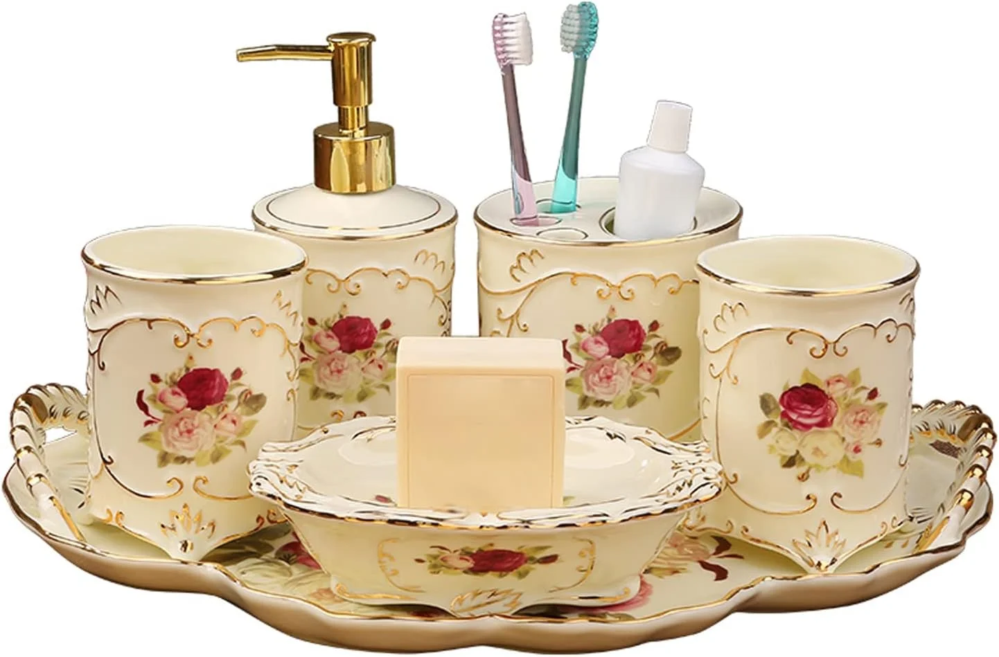 ست لوازم جانبی سرامیکی حمام به سبک دادگاه AVLUZ، ست هدیه لوکس 6 تکه شامل جا مایع لوسیون، جا مسواکی، 2 لیوان، جا صابونی، سینی نگهداری