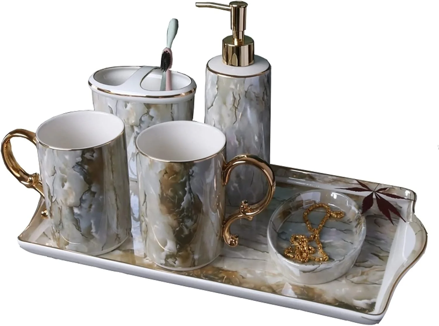 ست لوازم جانبی حمام لوکس AVLUZ، ست 6 تکه دکوری سرامیکی، شامل جا مایع یا لوسیون، جا مسواکی، 2 لیوان، جا صابونی، سینی
