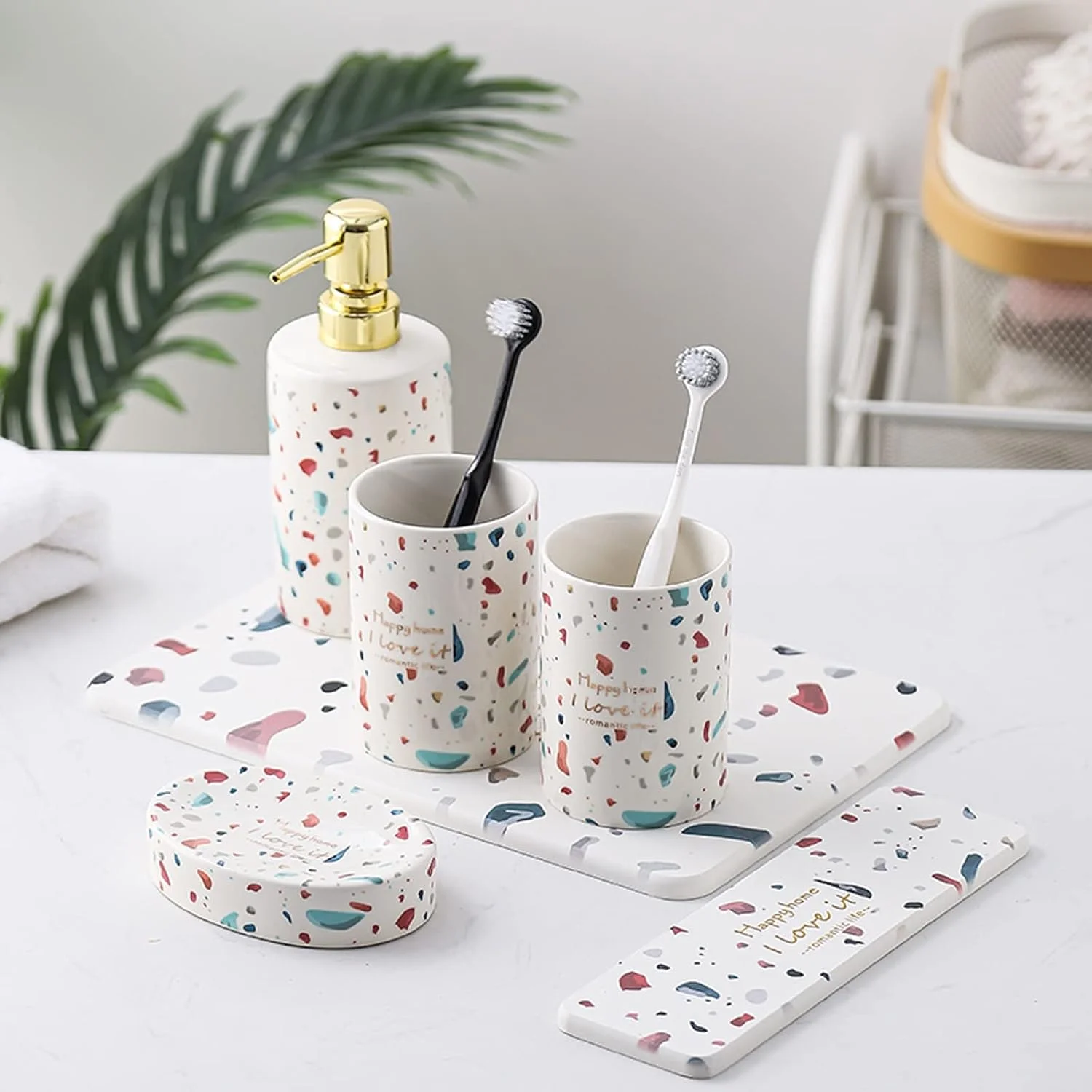 ست لوازم جانبی شیک سرامیکی آولوز برای حمام، ست 5 تکه تزئینی برای روی میز، شامل جا مایع لوسیون، 2 لیوان و جا صابونی، سینی