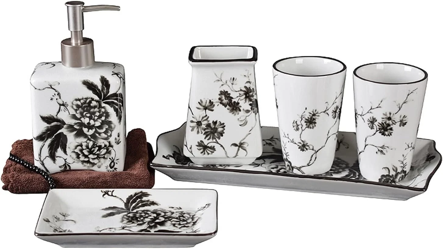 ست لوازم جانبی حمام طرح نقاشی جوهر چینی AVLUZ، ست 6 تکه دکوری کامل سرامیکی، شامل جا مایع لوسیون، جا مسواکی، 2 لیوان، جا صابونی، سینی