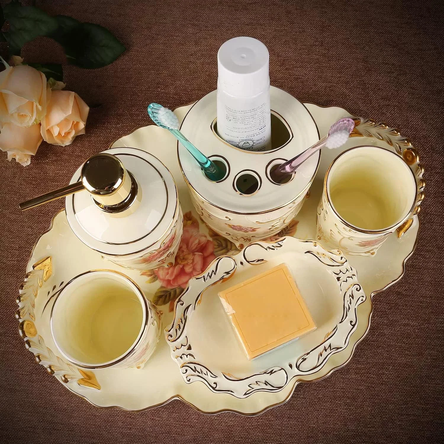 ست لوازم جانبی حمام سرامیکی آولوز، 6 تکه، شامل جای لوسیون، جا مسواکی، 2 لیوان، جا صابونی، سینی نگهداری