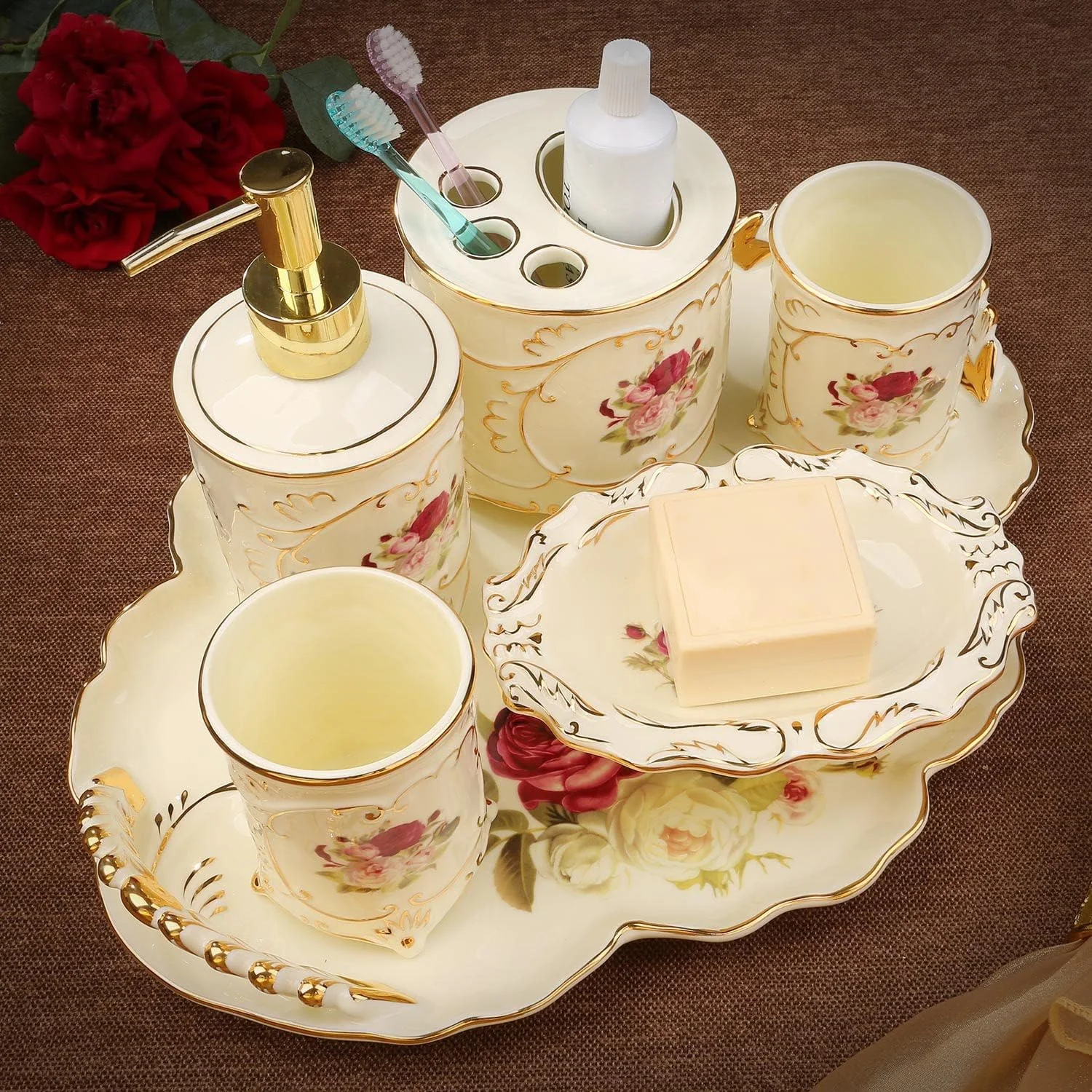 ست لوازم جانبی سرامیکی حمام به سبک دادگاه AVLUZ، ست هدیه لوکس 6 تکه شامل جا مایع لوسیون، جا مسواکی، 2 لیوان، جا صابونی، سینی نگهداری