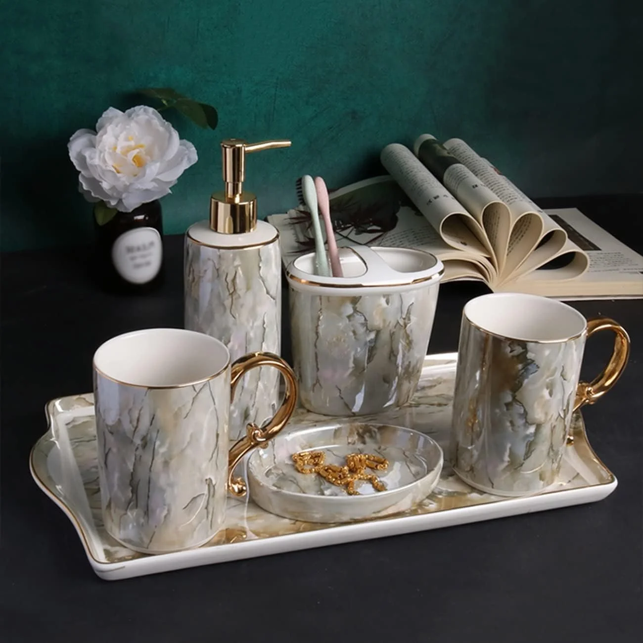 ست لوازم جانبی حمام لوکس AVLUZ، ست 6 تکه دکوری سرامیکی، شامل جا مایع یا لوسیون، جا مسواکی، 2 لیوان، جا صابونی، سینی