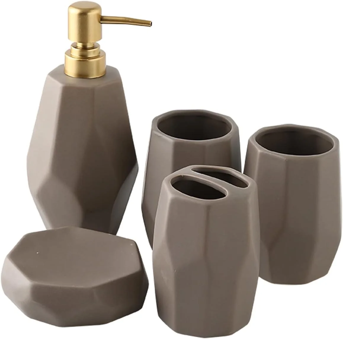 ست لوازم جانبی شیک حمام AVLUZ، ست 5 تکه دکوری سرامیکی خلاقانه، شامل جا مایع لوسیون، جا مسواکی، 2 لیوان، جا صابونی (رنگ: قهوه ای)