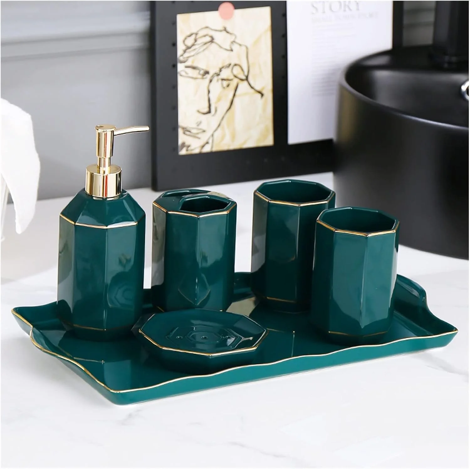 ست لوازم جانبی حمام 6 تکه AVLUZ، ست دکوری سرامیکی لوکس و سبک برای حمام، شامل جای مایع صابون یا لوسیون، جا مسواکی، 2 عدد لیوان، جای صابون، سینی، سبز (رنگ: A)