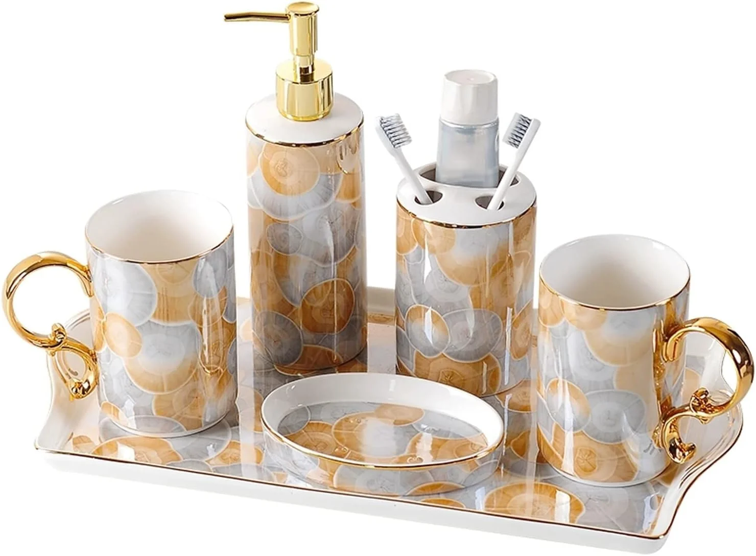 ست لوازم جانبی شیک سرامیکی سرویس بهداشتی AVLUZ، ست 6 تکه شامل جا مایع یا لوسیون، جا مسواکی، 2 عدد لیوان، جا صابونی، سینی (رنگ: A)