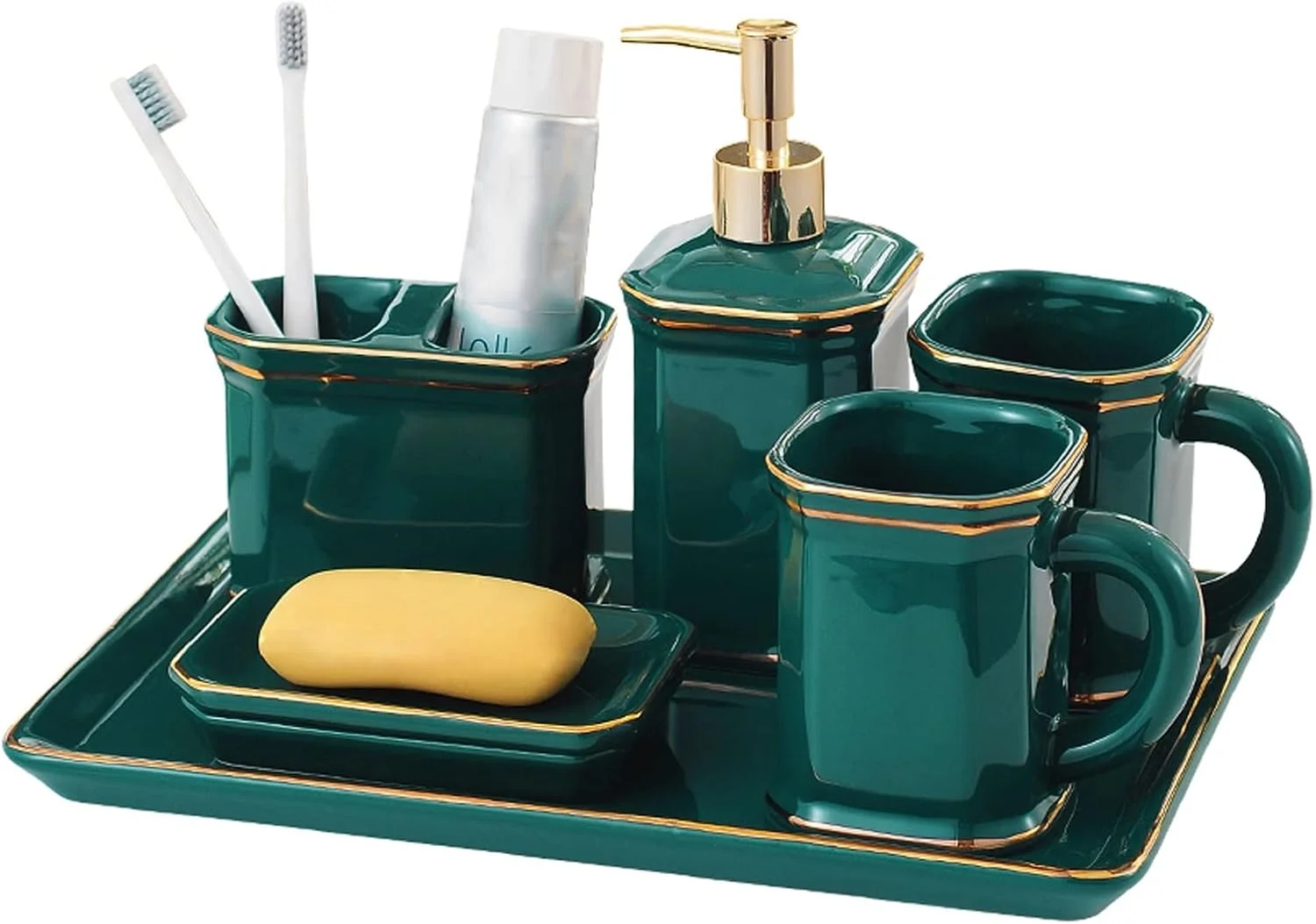 ست لوازم جانبی سرامیکی حمام 6 تکه AVLUZ، ست دکوری شیک حمام سبز، شامل جای مایع صابون یا لوسیون، جا مسواکی، 2 عدد لیوان، جای صابون، سینی