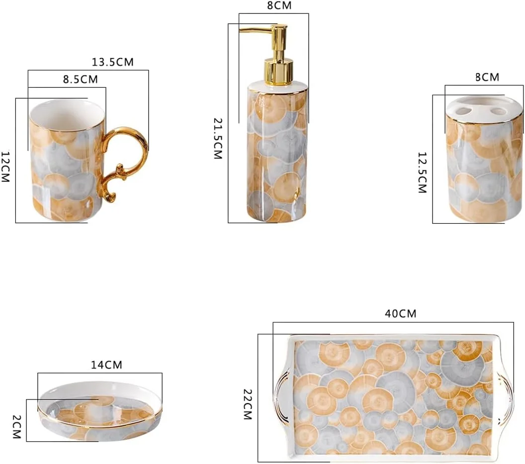 ست لوازم جانبی شیک سرامیکی سرویس بهداشتی AVLUZ، ست 6 تکه شامل جا مایع یا لوسیون، جا مسواکی، 2 عدد لیوان، جا صابونی، سینی (رنگ: A)