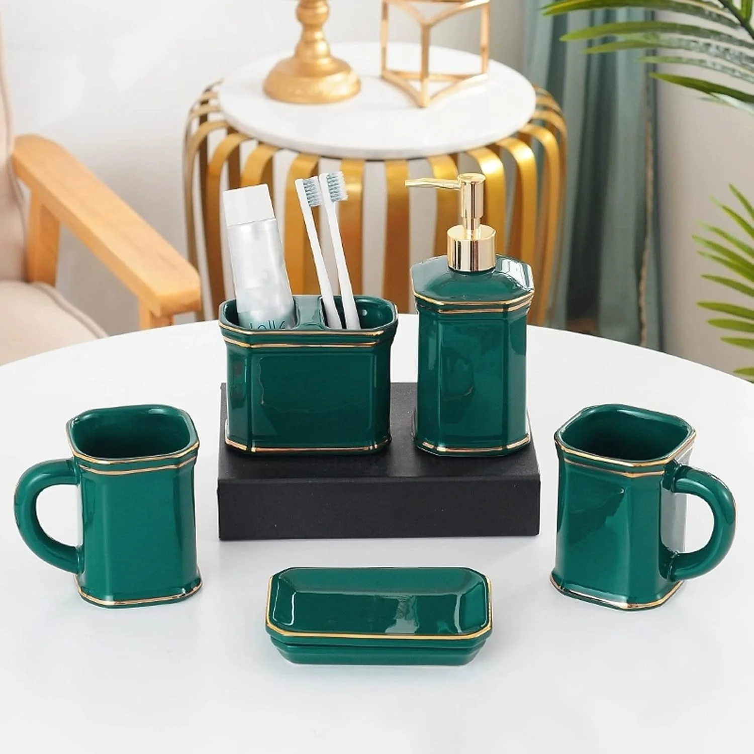 ست لوازم جانبی سرامیکی حمام 6 تکه AVLUZ، ست دکوری شیک حمام سبز، شامل جای مایع صابون یا لوسیون، جا مسواکی، 2 عدد لیوان، جای صابون، سینی