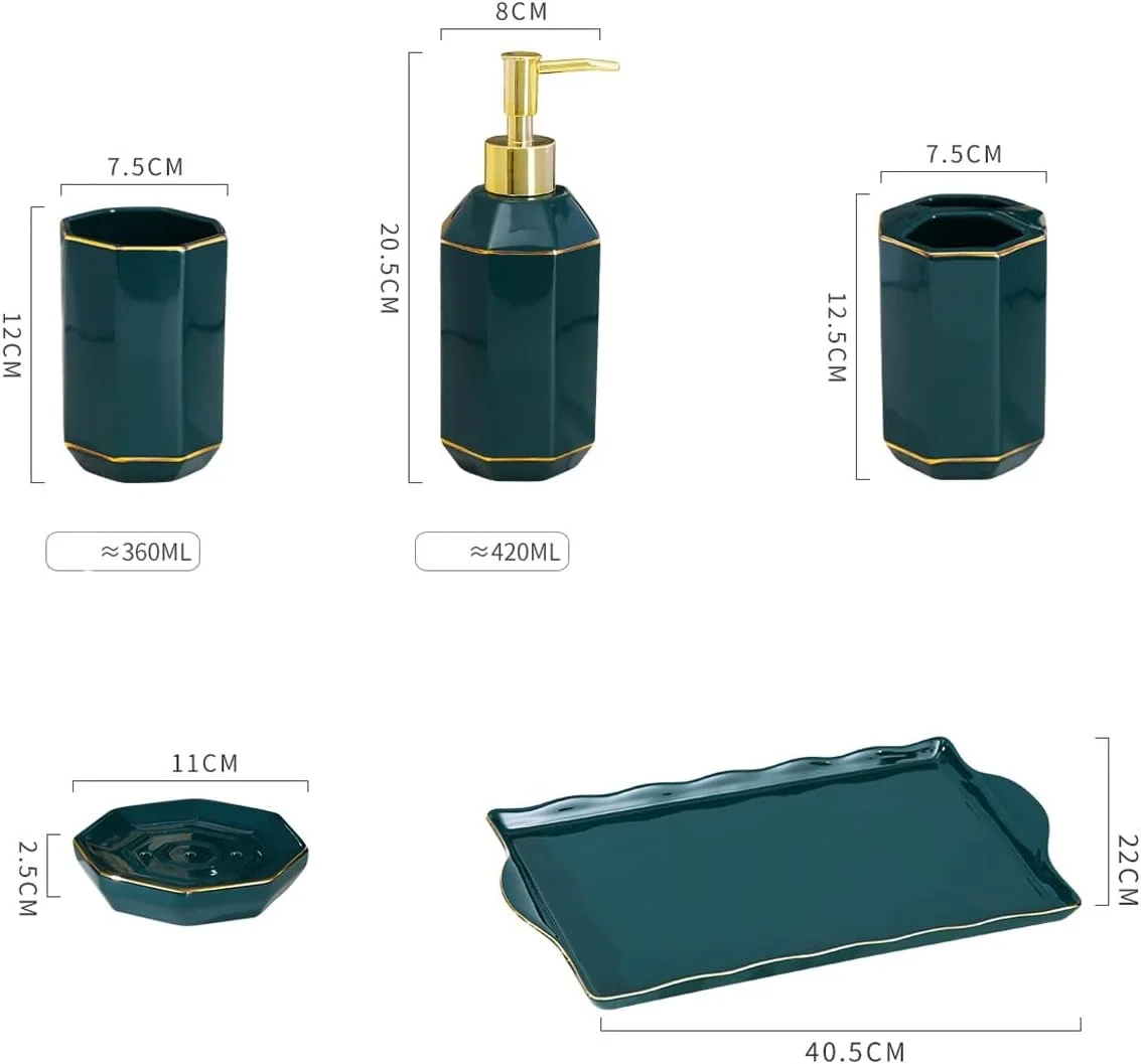 ست لوازم جانبی حمام 6 تکه AVLUZ، ست دکوری سرامیکی لوکس و سبک برای حمام، شامل جای مایع صابون یا لوسیون، جا مسواکی، 2 عدد لیوان، جای صابون، سینی، سبز (رنگ: A)