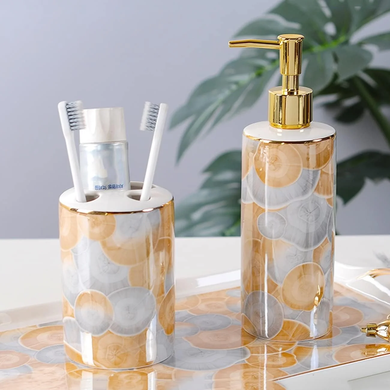 ست لوازم جانبی شیک سرامیکی سرویس بهداشتی AVLUZ، ست 6 تکه شامل جا مایع یا لوسیون، جا مسواکی، 2 عدد لیوان، جا صابونی، سینی (رنگ: A)