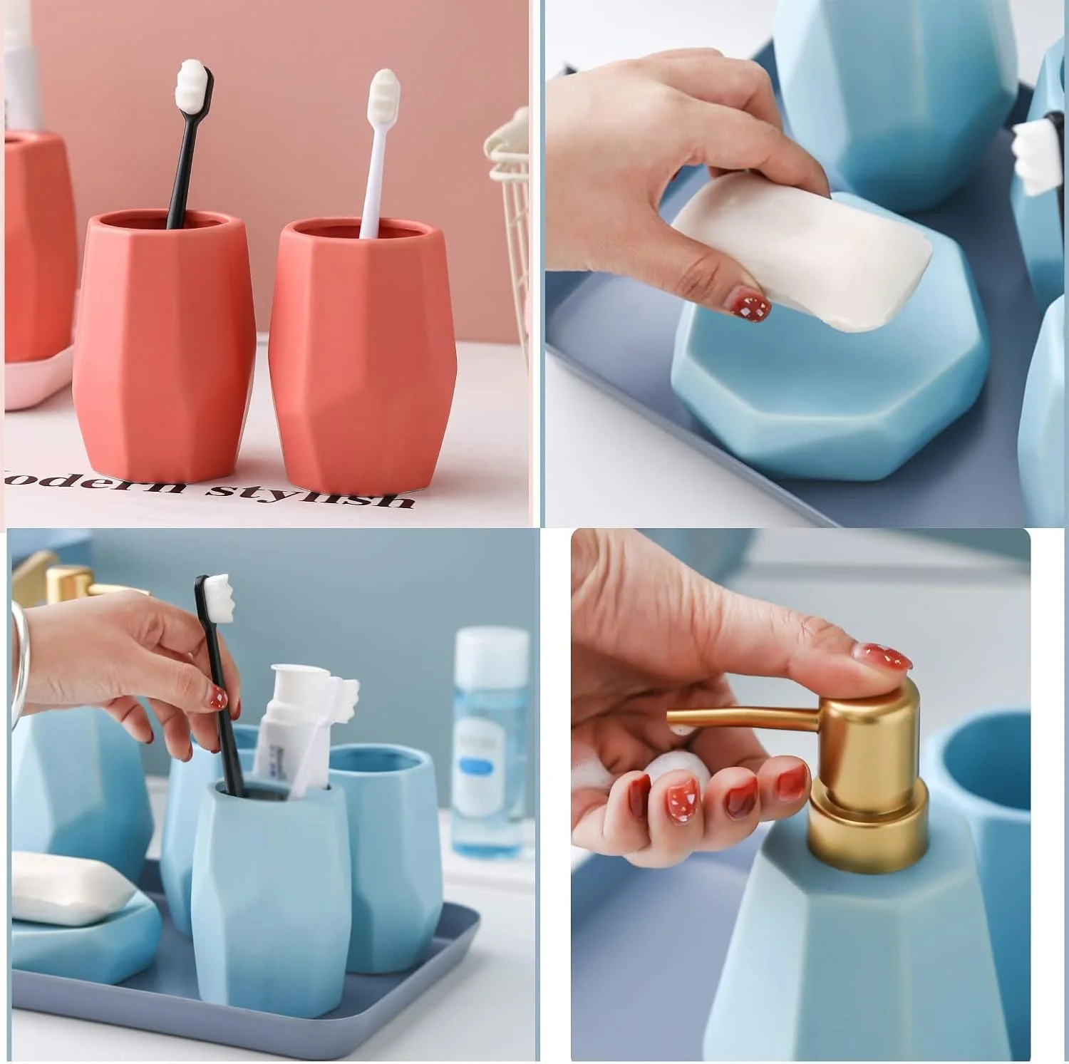 ست لوازم جانبی شیک حمام AVLUZ، ست 5 تکه دکوری سرامیکی خلاقانه، شامل جا مایع لوسیون، جا مسواکی، 2 لیوان، جا صابونی (رنگ: قهوه ای)