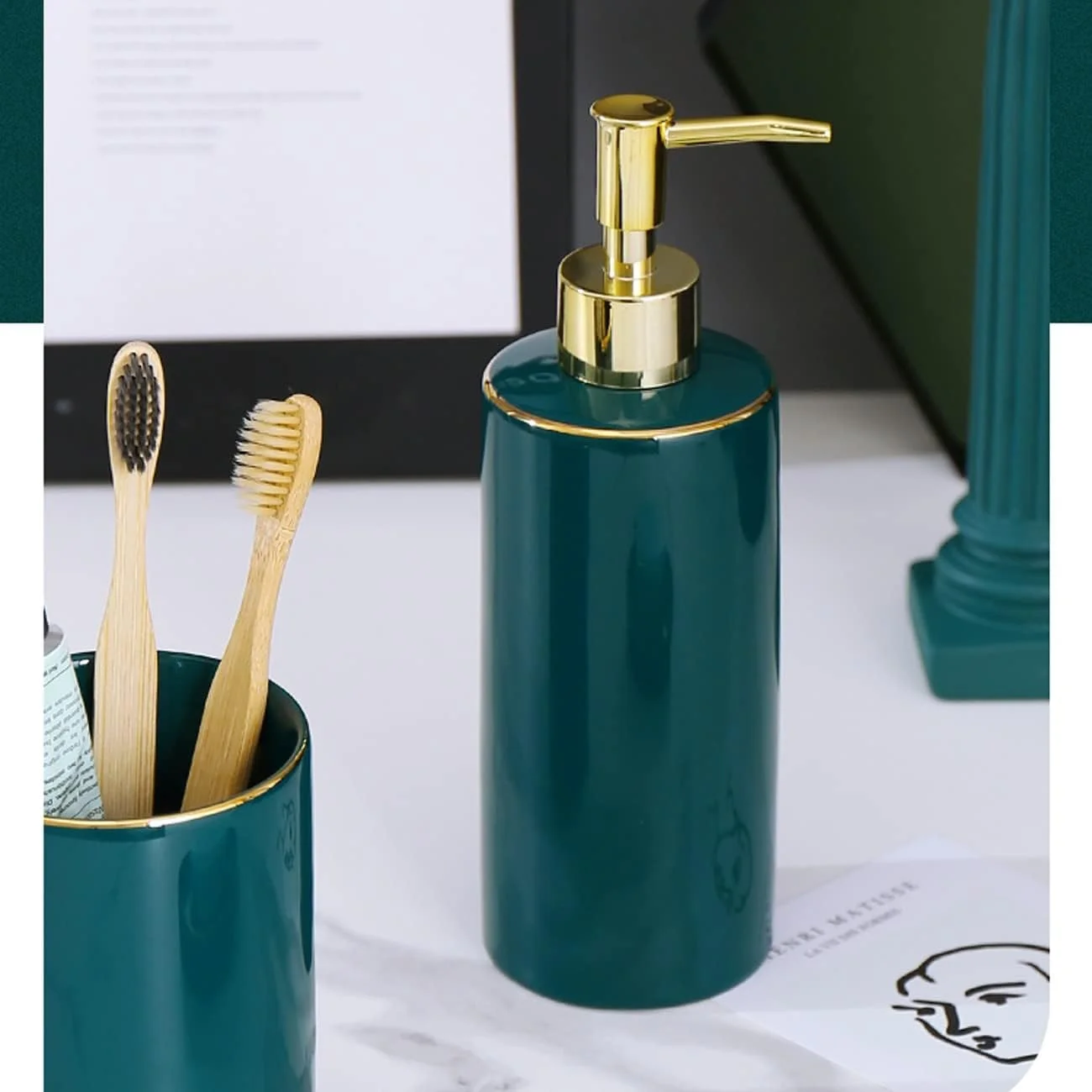 ست لوازم جانبی حمام 6 تکه AVLUZ، ست دکوری سرامیکی لوکس و سبک برای حمام، شامل جای مایع صابون یا لوسیون، جا مسواکی، 2 عدد لیوان، جای صابون، سینی، سبز (رنگ: A)