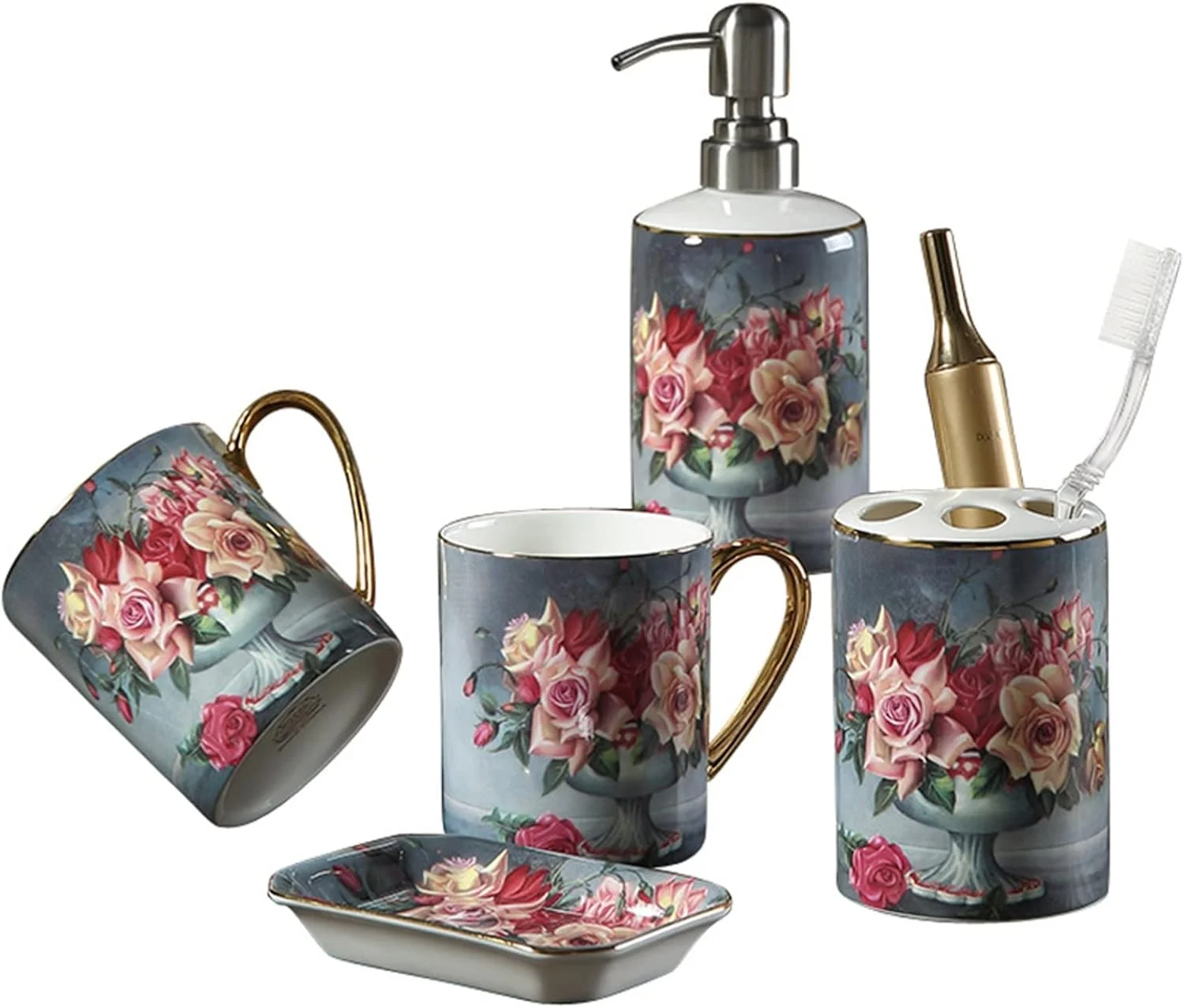 ست لوازم جانبی سرامیکی 5 تکه سرویس بهداشتی AVLUZ، دکوراسیون حمام با گل رز کلاسیک نقاشی شده با دست، شامل جا مسواکی، 2 لیوان دهانشویه، جا صابونی، جا لوسیون