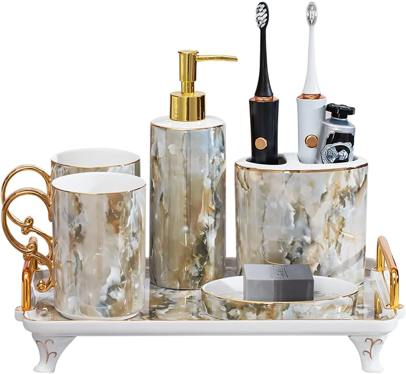 ست لوازم جانبی سرامیکی 6 تکه آولوز برای حمام، ست دکوری شیک، شامل جا مایع یا لوسیون، جا مسواکی، 2 لیوان، جا صابونی، سینی