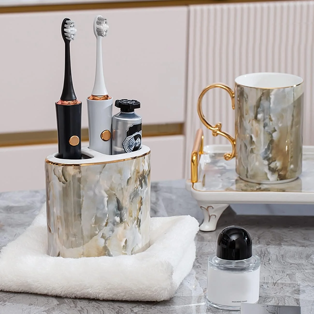 ست لوازم جانبی سرامیکی 6 تکه آولوز برای حمام، ست دکوری شیک، شامل جا مایع یا لوسیون، جا مسواکی، 2 لیوان، جا صابونی، سینی