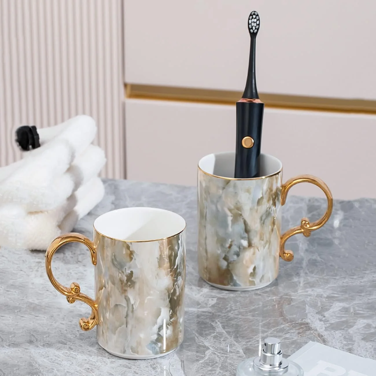 ست لوازم جانبی سرامیکی 6 تکه آولوز برای حمام، ست دکوری شیک، شامل جا مایع یا لوسیون، جا مسواکی، 2 لیوان، جا صابونی، سینی