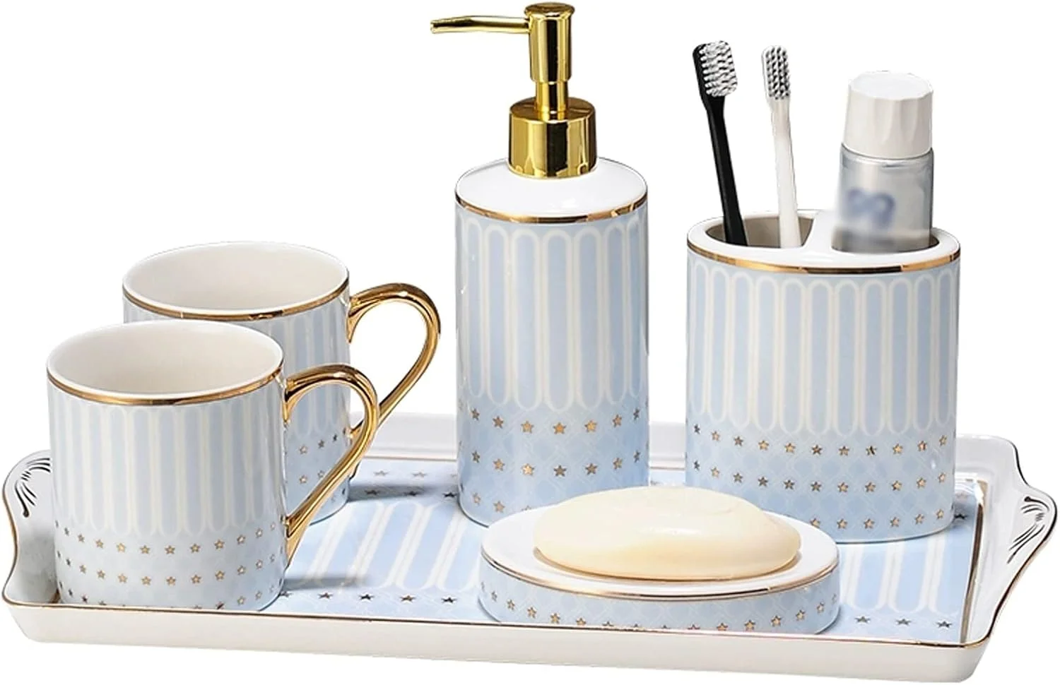 ست لوازم جانبی سرامیکی حمام AVLUZ، ست 6 تکه آبی رنگ برای پیشخوان روشویی شامل جا مایع لوسیون، جا مسواکی، 2 عدد لیوان، جا صابونی و سینی
