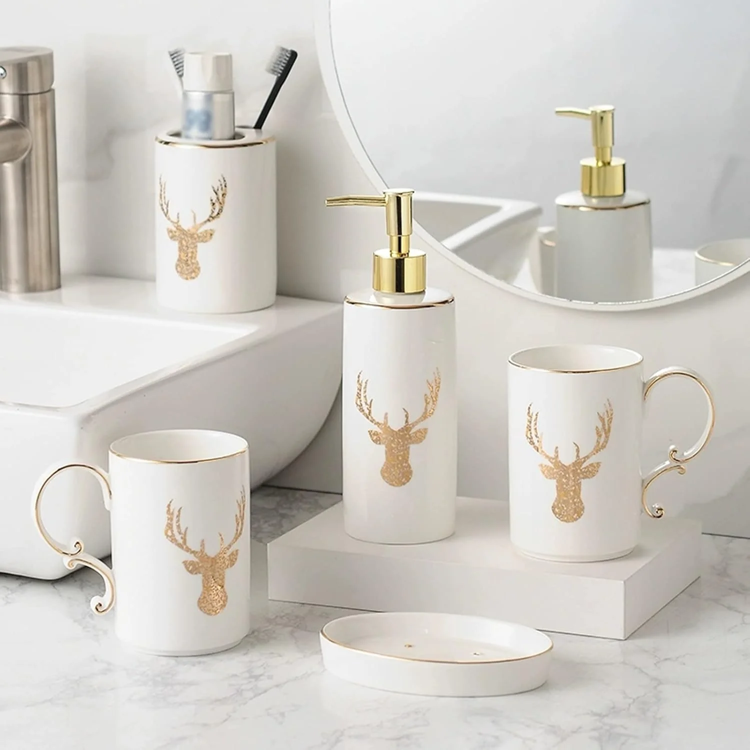ست لوازم جانبی سرامیکی حمام AVLUZ، ست 6 تکه تزئینی پیشخوان روشویی، شامل جا مایع لوسیون، جا مسواکی، 2 لیوان، جا صابونی، سینی - سفید